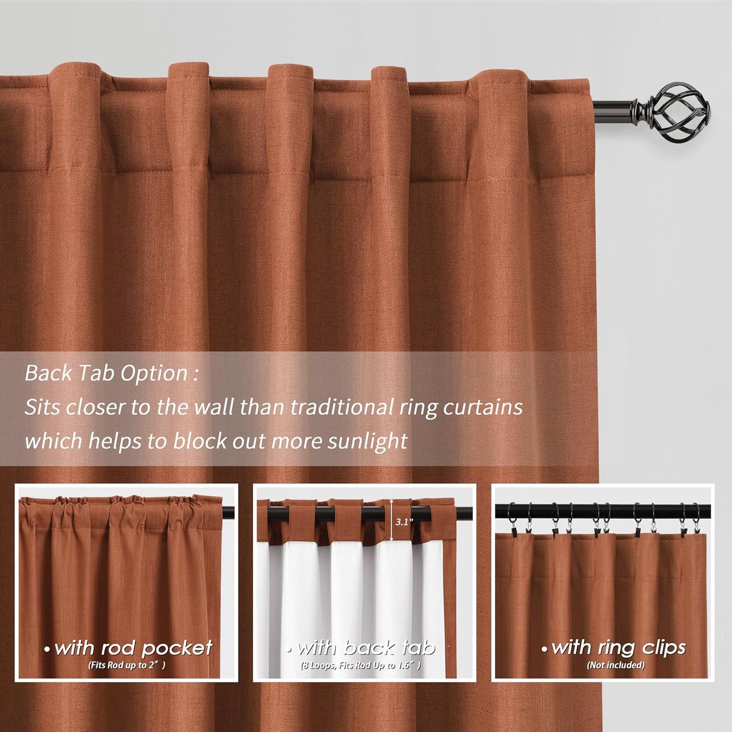 BOODII Burnt Orange Linen Blackout Curtains 84 Inch Long 2 Panels Set for Bedroom Light Blocking Curtains Terracotta with 100% Blackout Backing Thermal Insulated Room Darkening Curtain Drapes Rust