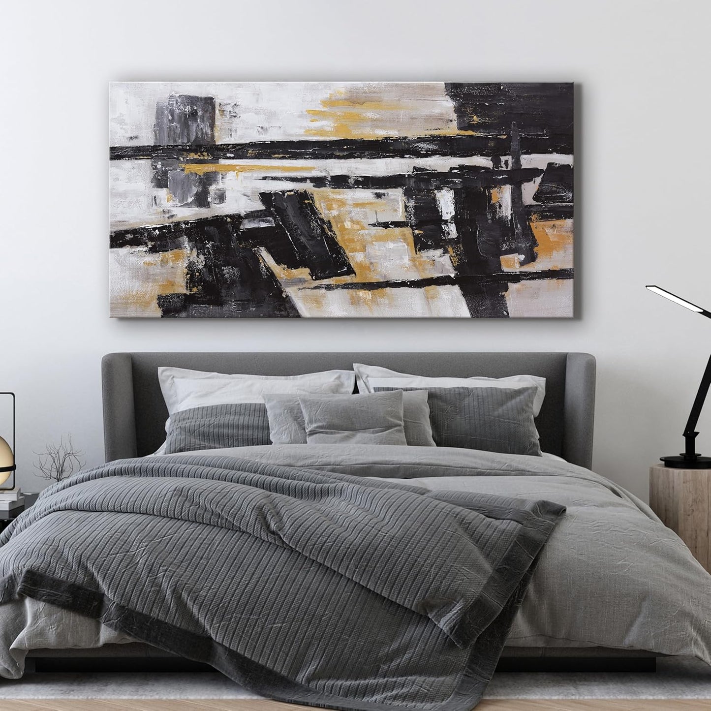 Black Abstract Wall Art Decor Grunge Room Decor Art Black Canvas Wall Decoration 24" x 48" Painting Black And Gold Artwork for Bedroom Home Office Dining Room Decoration
