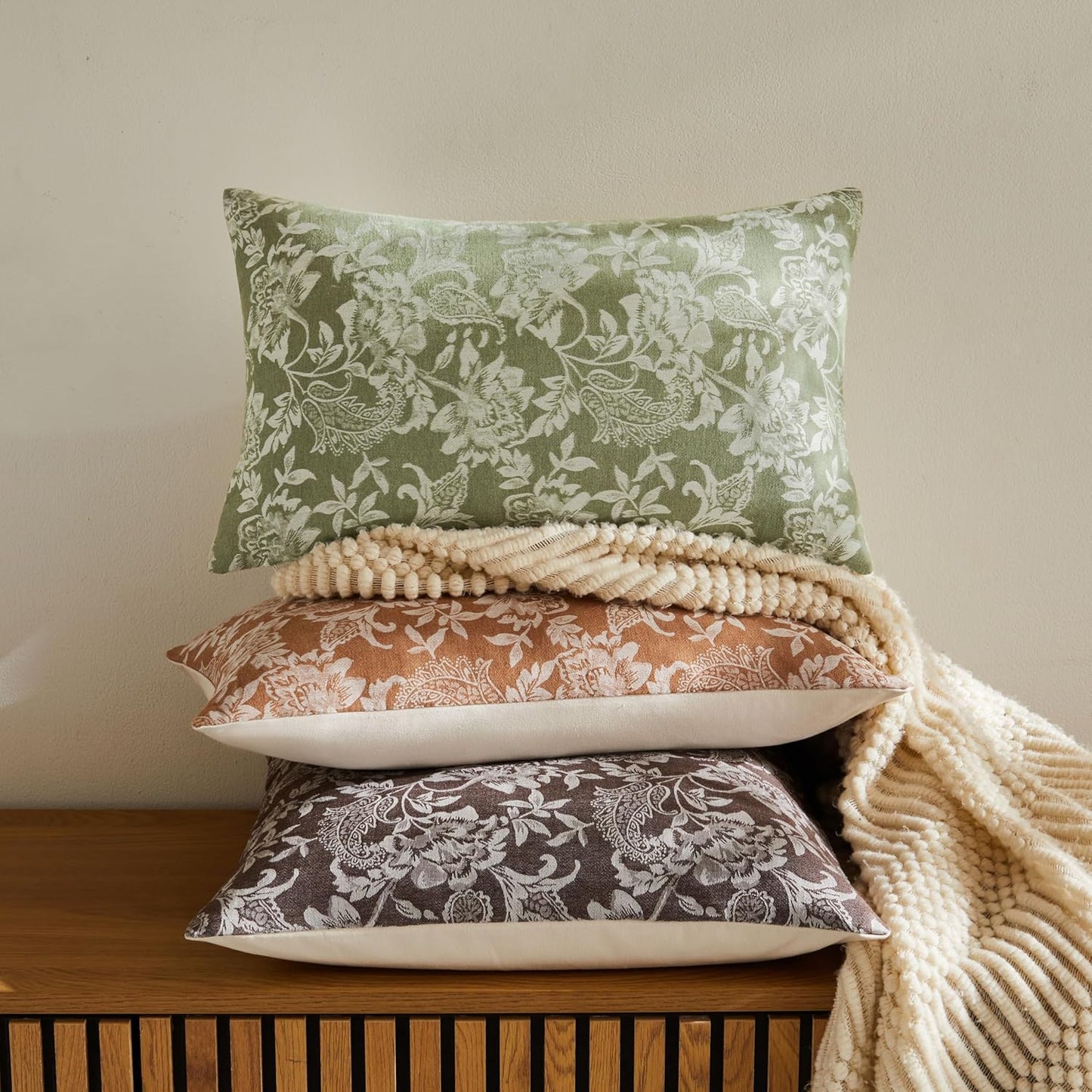 Floral Jacquard Lumbar Throw Pillow Covers Set of 2, Background/Green 12x20 Inch, Farmhouse Decorative Cotton Sage Green Cushion Covers for Sofa Bed Living Room Home Decor