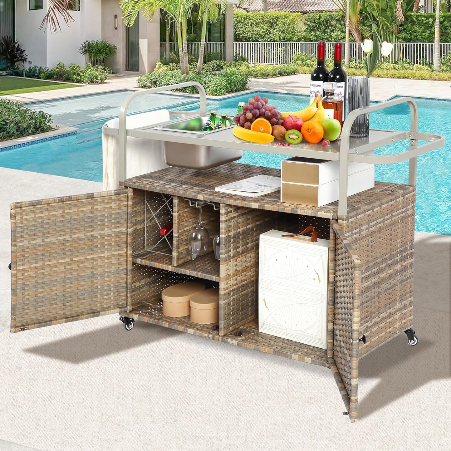 Wicker Outdoor Bar Cart with Ice Bucket, Patio Bar Table with 2 Ratten Doors Cabinet and Casters for Grill, Kitchen and Garden,Beige