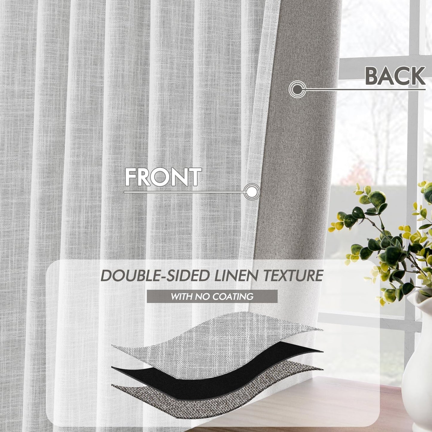 MIULEE Greyish White 100% Blackout Linen Curtains 90 Inch 2 Panels Set Double Sided No Coating Pleated Back Tab Black out Long Thermal Insulated Pinch Pleat Bedroom Living Room Darkening Window Drapes