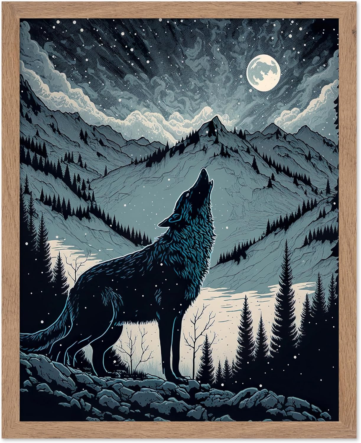 Poster Master Vintage Illustration Poster - Retro Animal Print - Gift for Artist, Friend - Wolf Howling at the Moon, Mountain, Snow, Landscape - Wall Decor for Home, Office, 11x14 Beige Framed