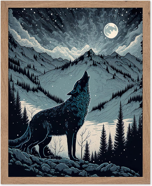 Poster Master Vintage Illustration Poster - Retro Animal Print - Gift for Artist, Friend - Wolf Howling at the Moon, Mountain, Snow, Landscape - Wall Decor for Home, Office, 11x14 Beige Framed