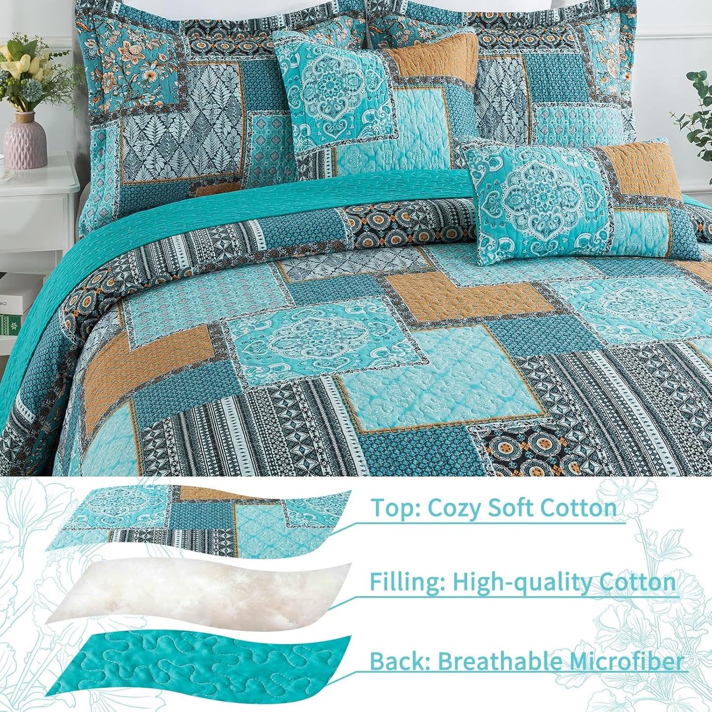 VAPUTAR King Size Quilt Bedding Set - Soft Cotton King Size Bedspreads (98 * 106 in) - Lightweight Patchwork Floral Quilts for Farmhouse Bedroom (Teal/Green Chic, 3 Pieces)