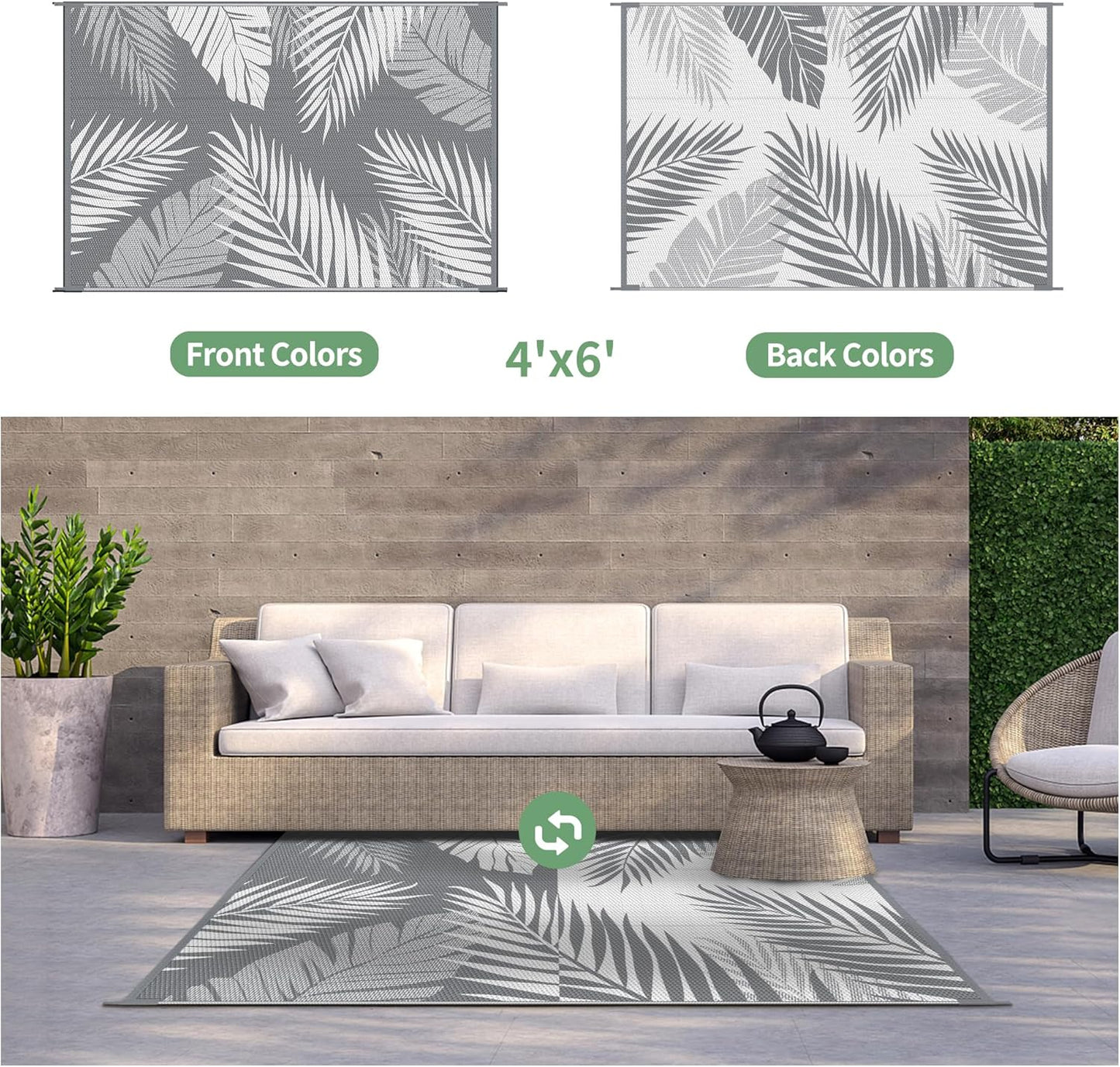 GENIMO Outdoor Rug 4' x 6' Waterproof for Patios Clearance, Reversible Outdoor Plastic Straw Camping Rug Carpet, Large Area Rugs Mats for RV, Camper, Deck, Balcony, Porch, Beach, Picnic, Grey&White