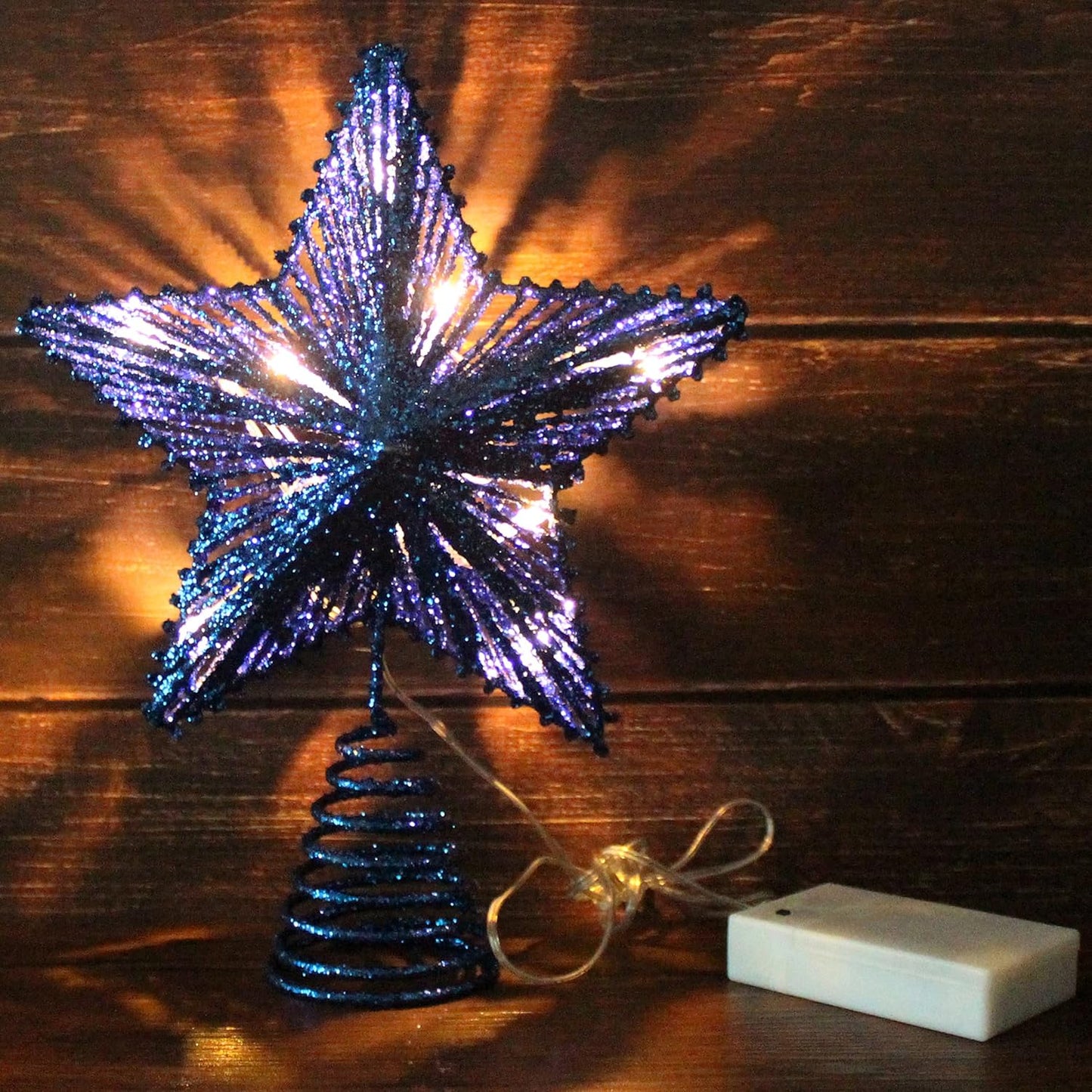 CVHOMEDECO. Blue Glittered 3D Tree Top Star with Warm White LED Lights and Timer for Christmas Ornaments and Holiday Seasonal Décor, 8 x 10 Inch