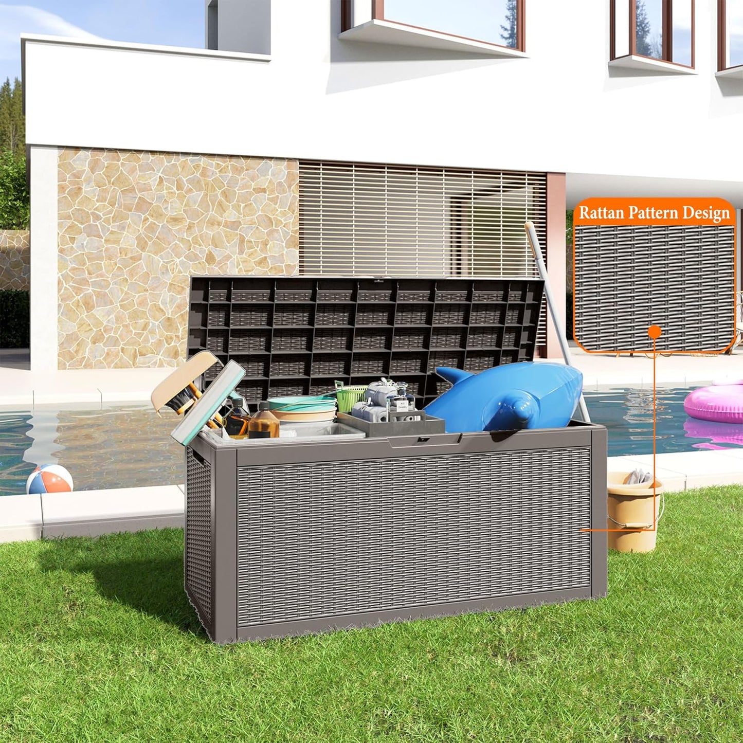 100 Gallon Resin Deck Box, Lockable Patio Outdoor Storage Box for Furniture, Garden Tools and Tools Storage, Waterproof Outside Storage Boxes - Grey