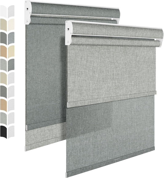 BERISSA Cordless Dual Roller Shades with Cassette Valance, Double Window Shades - Blackout and Light Filtering, Day and Night for Home Office Door. Linen Grey. 59 W x 36" H