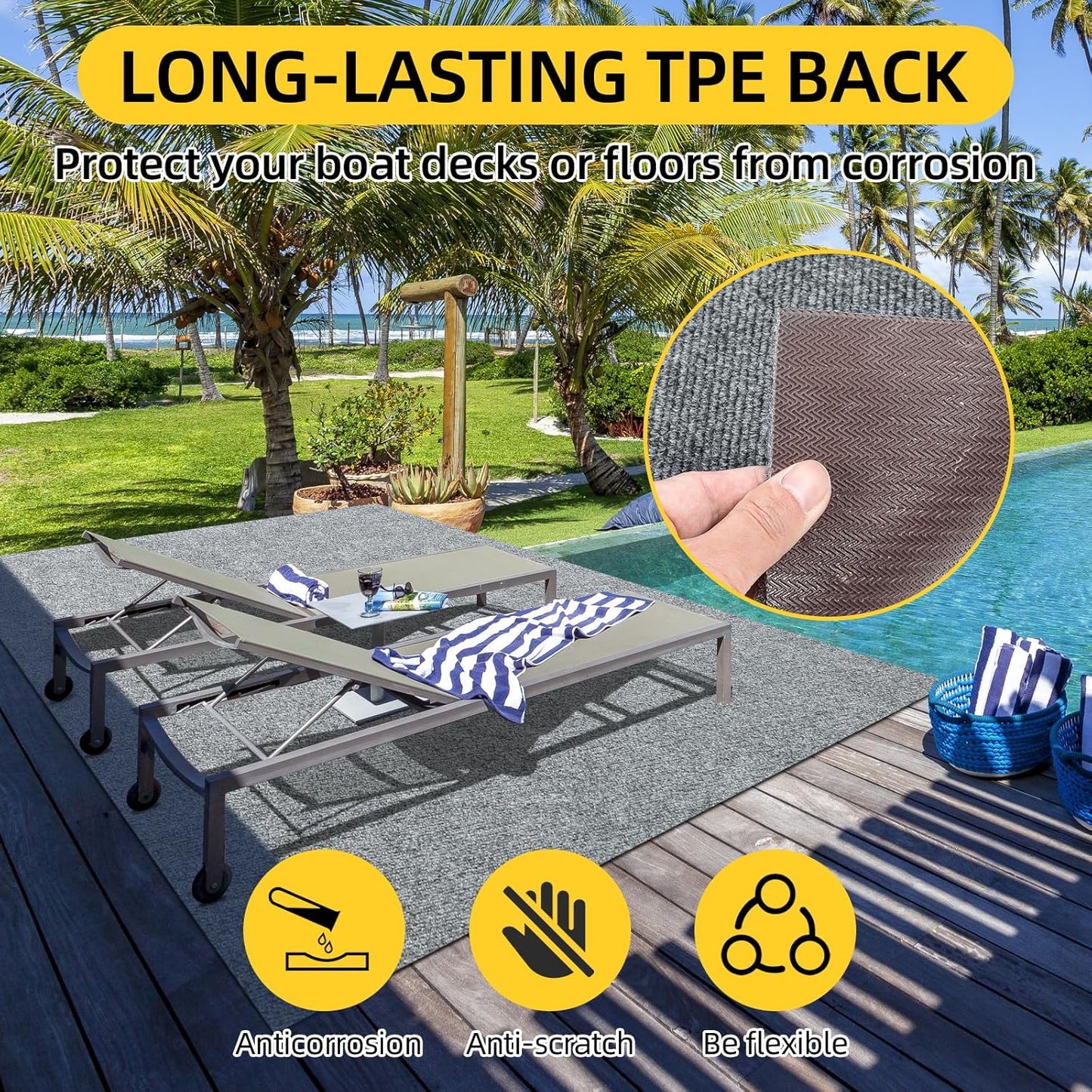 Marine Carpet,5 FT x 15 FT Smoke Gray Indoor Outdoor Carpet 0.2" Thick Boat Carpet with Water-Proof TPE Backing, Non-Slide Outdoor Marine Carpet Roll for Home, Patio, Porch, Deck