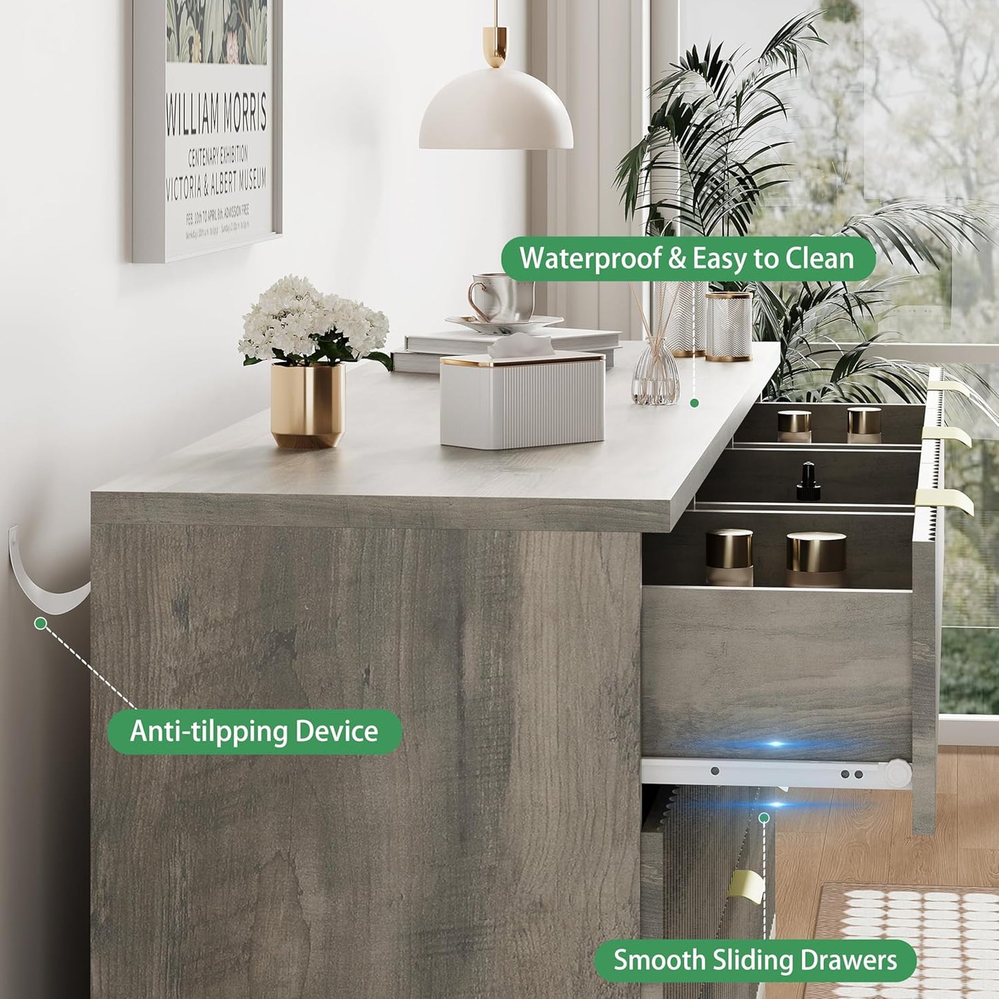 Fluted Dresser for Bedroom with 9 Drawers, 57" Wide Modern Chest of Drawers with Metal Handle, Wooden Dresser TV Stand, Wood Closet Clothes Storage Organizer for Living Room, Hallway, Grey