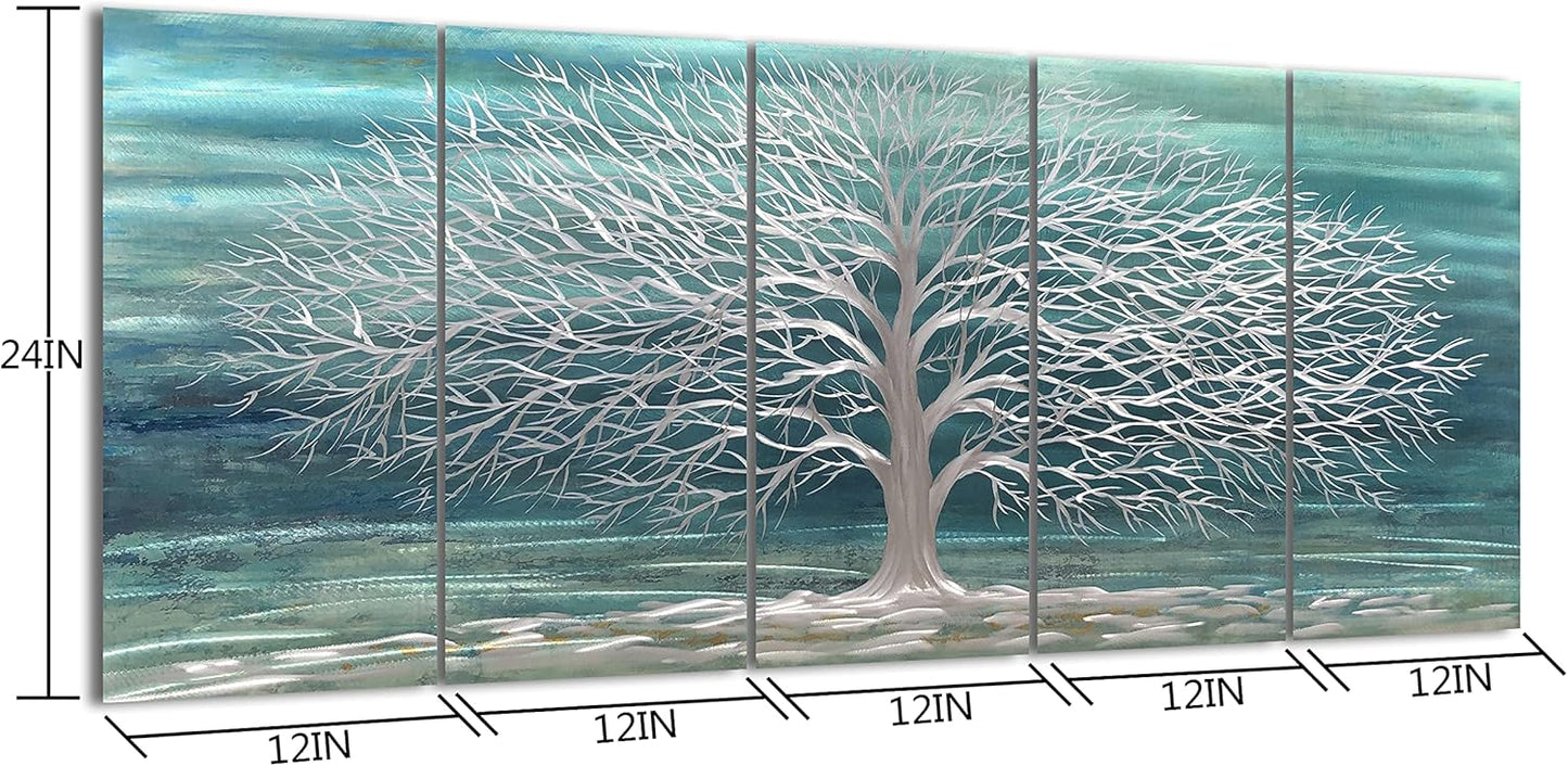 Yihui Arts Large Metal Wall Art Handcrafted Aesthetic Tree Pictures on Aluminum 5 Panels Teal and Silver Abstract Landscpae Artwork for Living Room Bedroom Dinning Decor