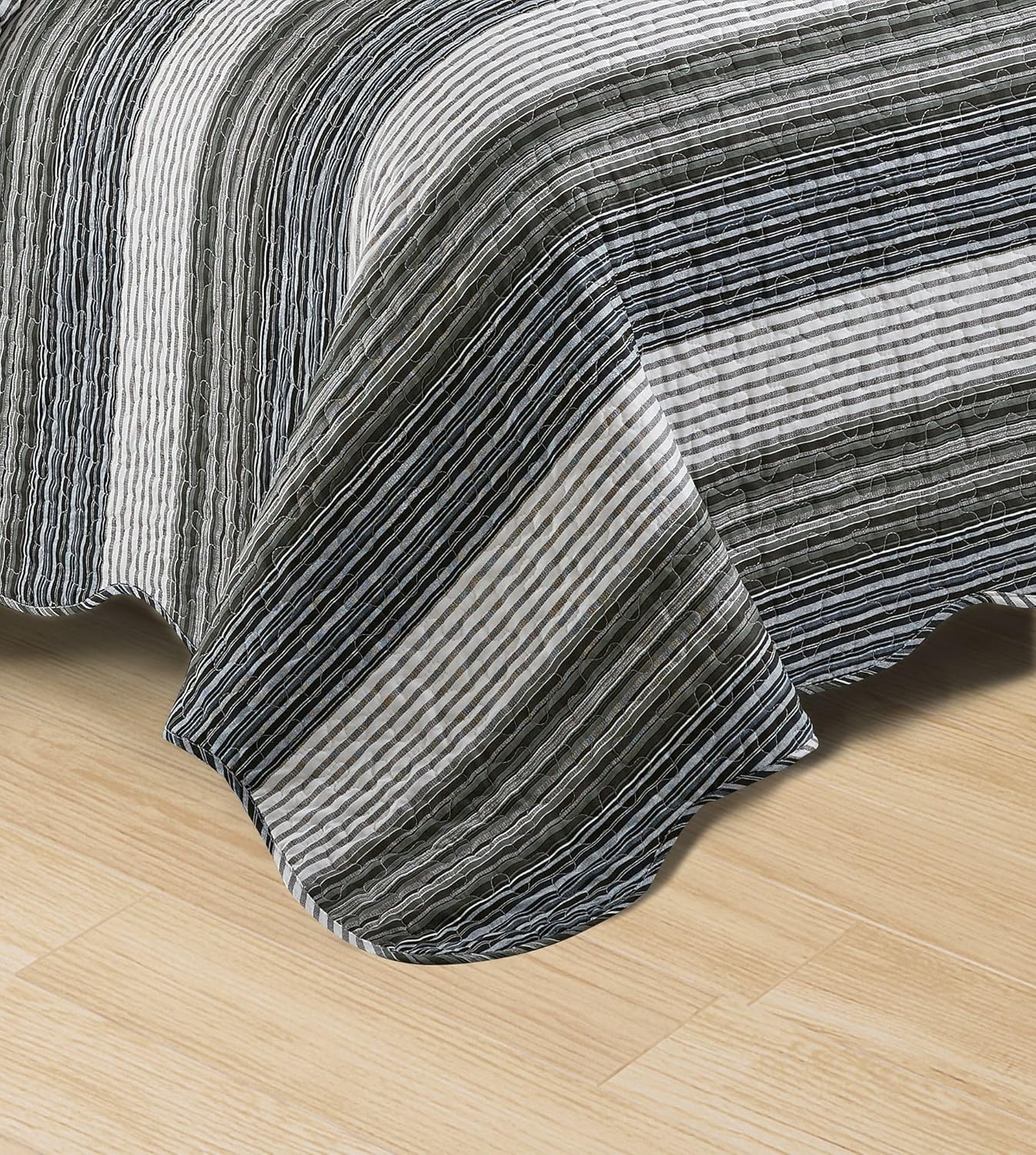 Brilliant Sunshine Multi Grey Stripes Patchwork, 3-Piece Quilt Set with 2 Shams, Reversible Bedspread, Soft Lightweight Coverlet, All-Season, King, Multi Grey