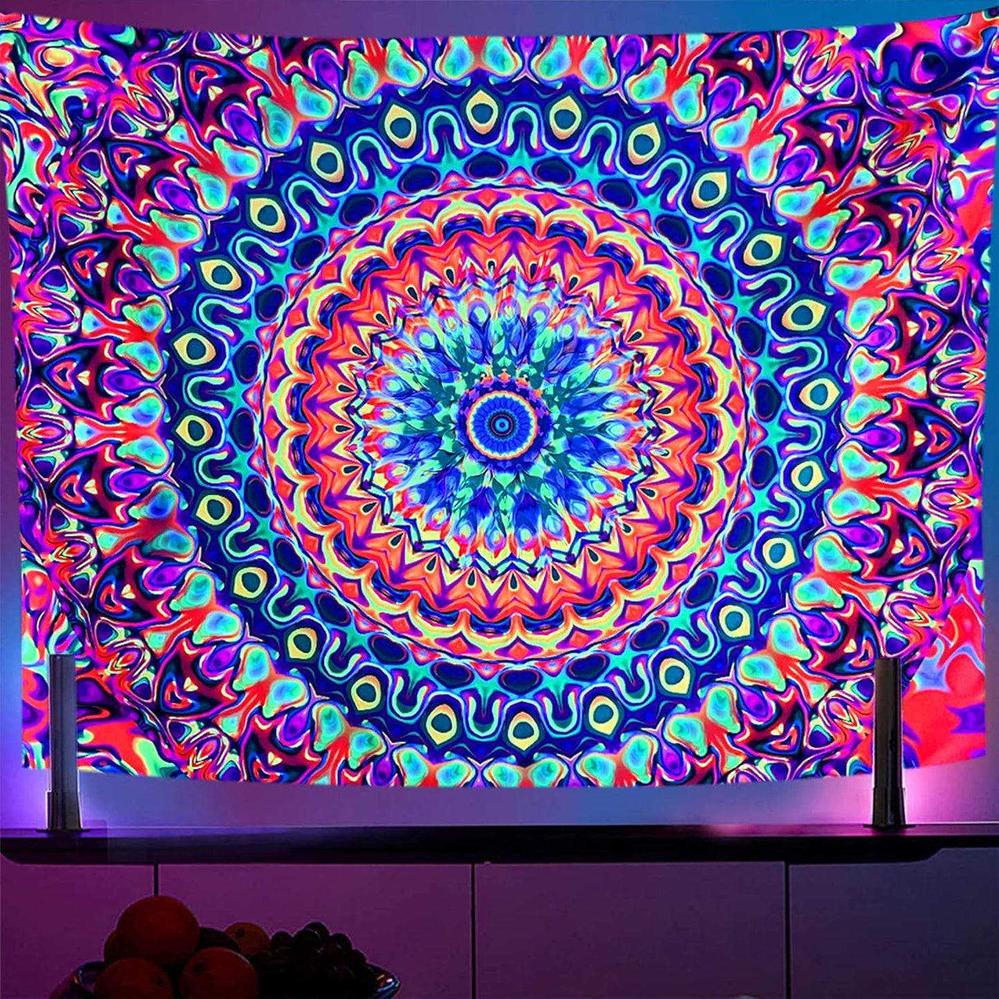 OSVINO Blacklight Colorful Mandala Tapestry 59"x51" Kaleidoscopic Trippy Room Decor Black Light Poster Bohemian Wall Decor for Bedroom Backdrop Decor