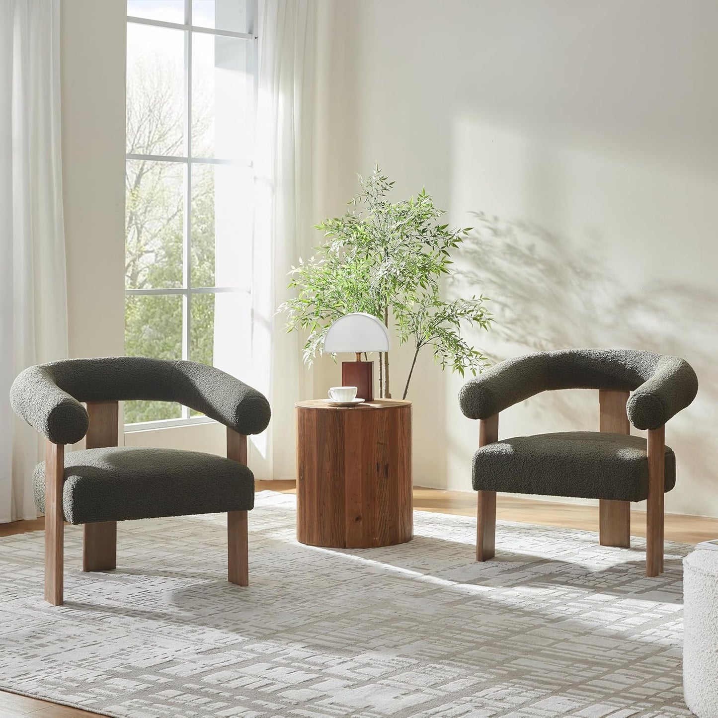 VKNOW Accent Chair Living Room Chair Set of 2, Modern Upholstered Armchair with Solid Wood Legs, Comfy Barrel Arm Chairs for Living Room Bedroom, Sage Green