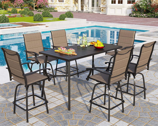 PHI VILLA 7 Piece Patio Bar Dining Set, Bar Height Outdoor Table and Chairs with 6 Swivel Bar Stools (Padded Textilene) & Large Rectangle Metal Table for Deck, Garden and Yard
