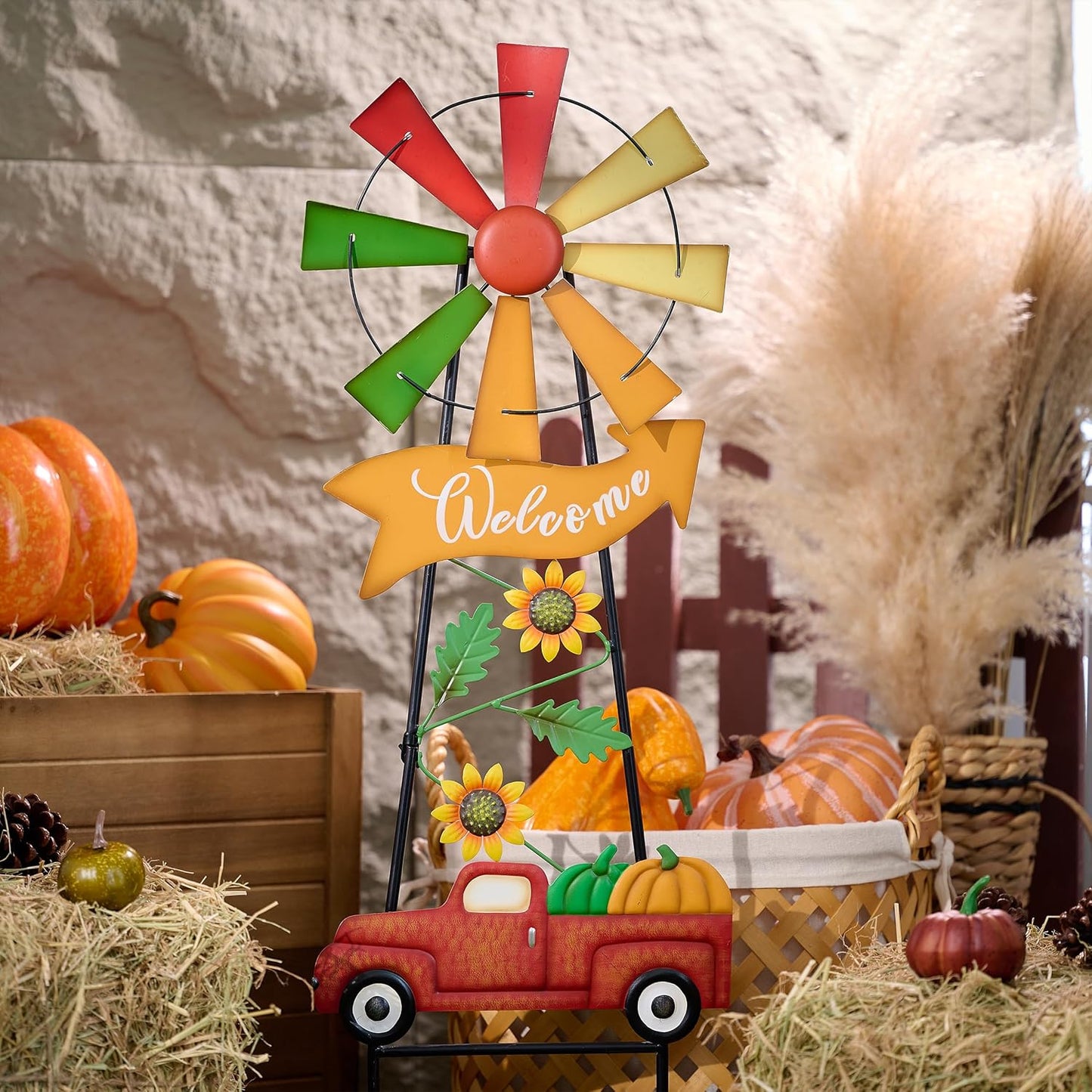 TERESA'S COLLECTIONS Fall Decor for Outdoor Home, Metal Pumpkin Fall Decorations Wind Spinner Yard Stakes Welcome Sign for Thanksgiving Decorations, Rustic Autumn Sunflower Decor for Lawn Patio, 26"