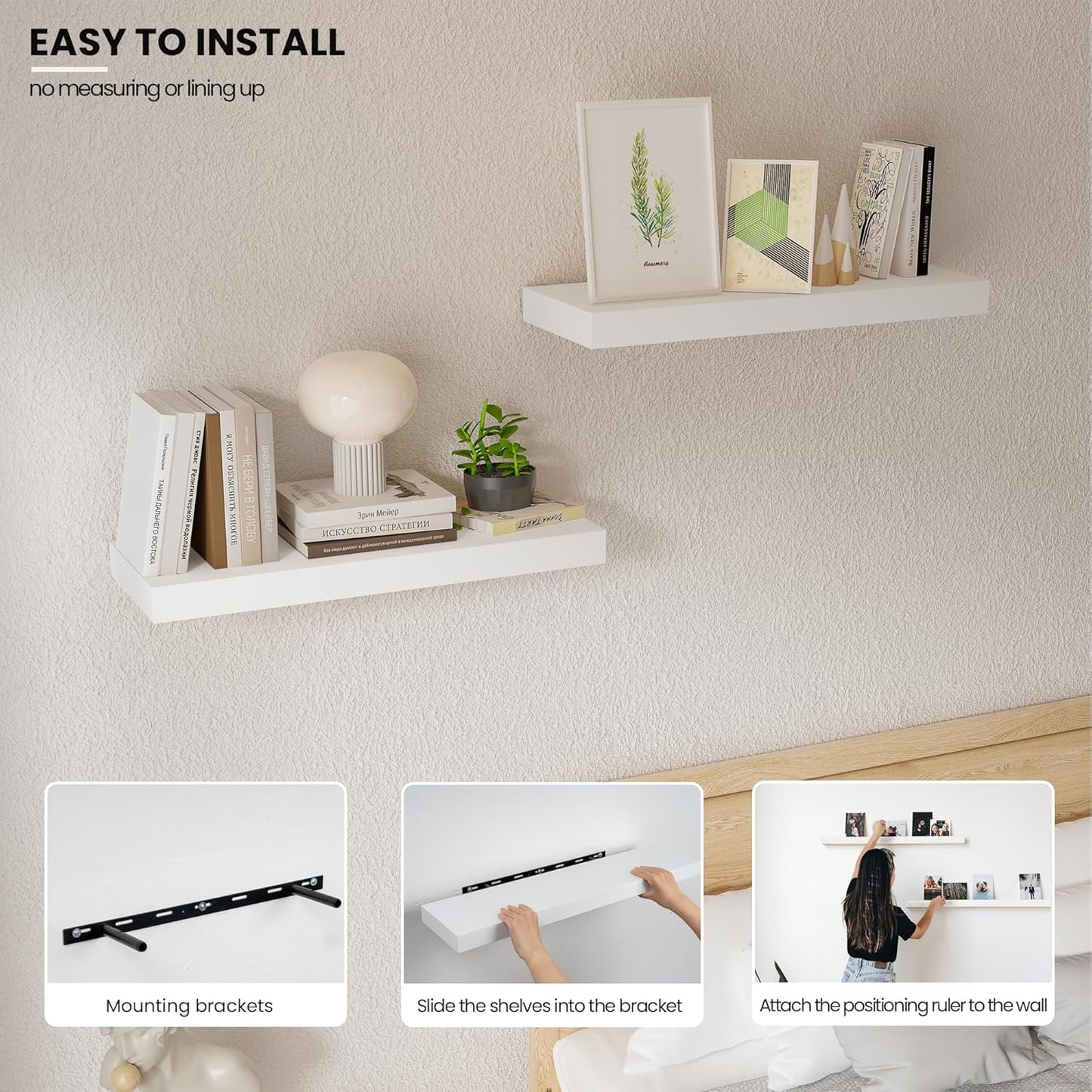 Floating Wood Shelves for Wall 16 Inches x 8”x 1.4” Shelf Floating Home Decor, Heavy Duty Shelf Hold 35 lbs, Wall Shelves for Bathroom Living Room Kitchen Bedroom Office - Set of 2 White