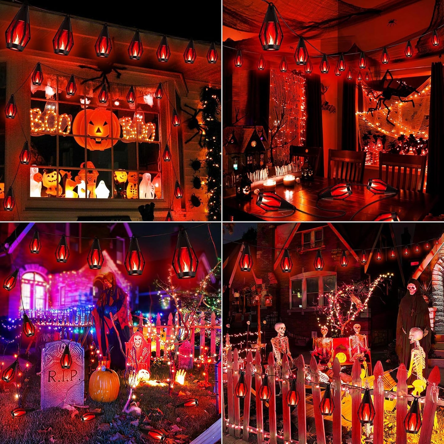 iBaycon Solar Halloween Lights, 42Ft 15 LED Bulbs Flickering Flame String Light, Outdoor Waterproof Solar Flame Lights for Garden Yard Patio Halloween Decorations (Red)