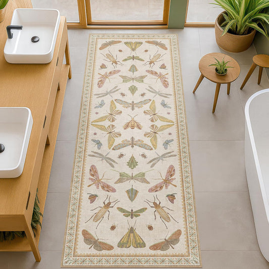 Boho 2x6 Bathroom Runner - Long Rug Runner for Laundry Room, Kitchen, Washable Non Slip Soft Stain Reistant Beige and Yellow Neutral Insect Design Decor