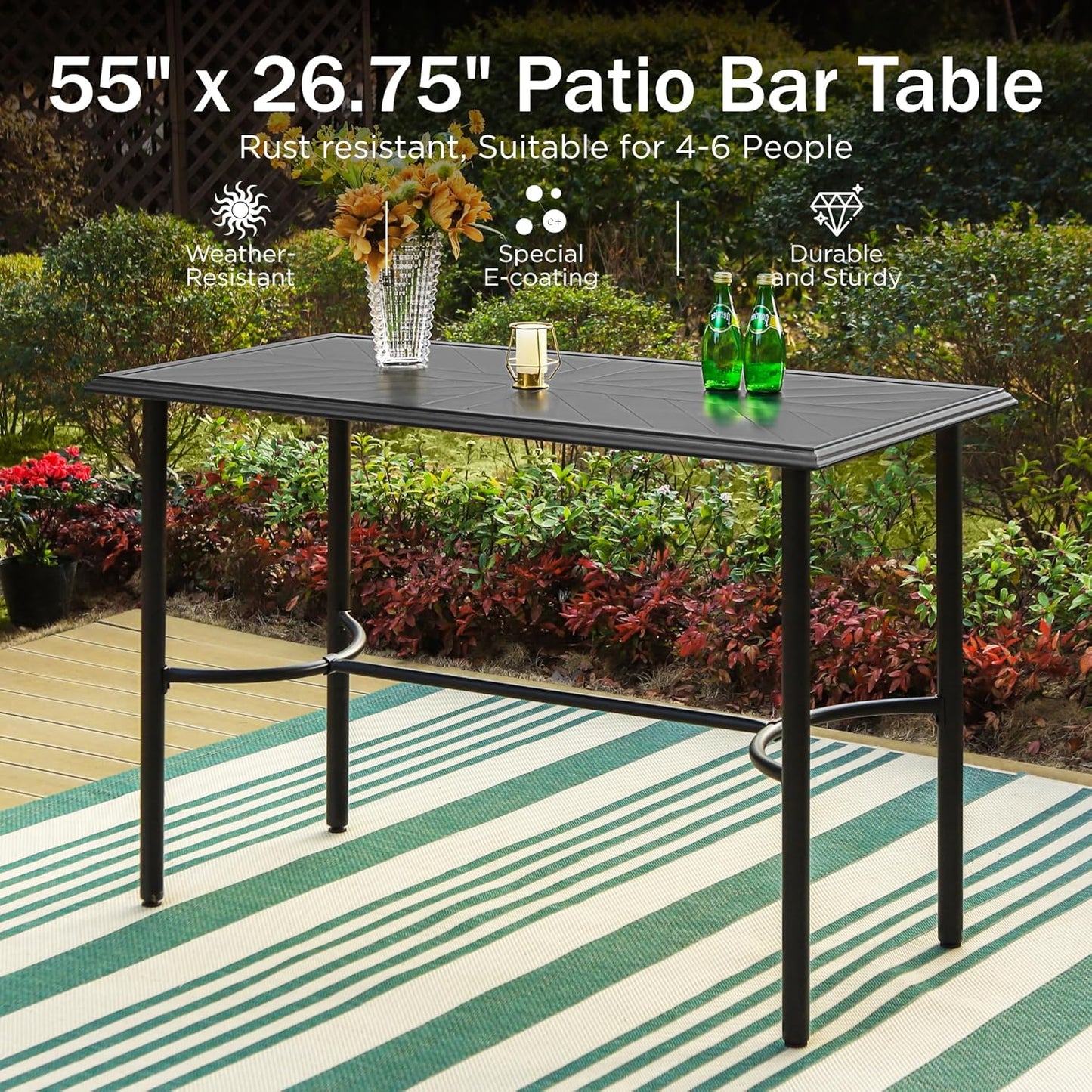 PHI VILLA Outdoor Patio Bar Table for 4-6, Counter Height Rectangle Bar Table with All Weather Metal Steel Frame Black for Outside, Yard, Garden and Deck