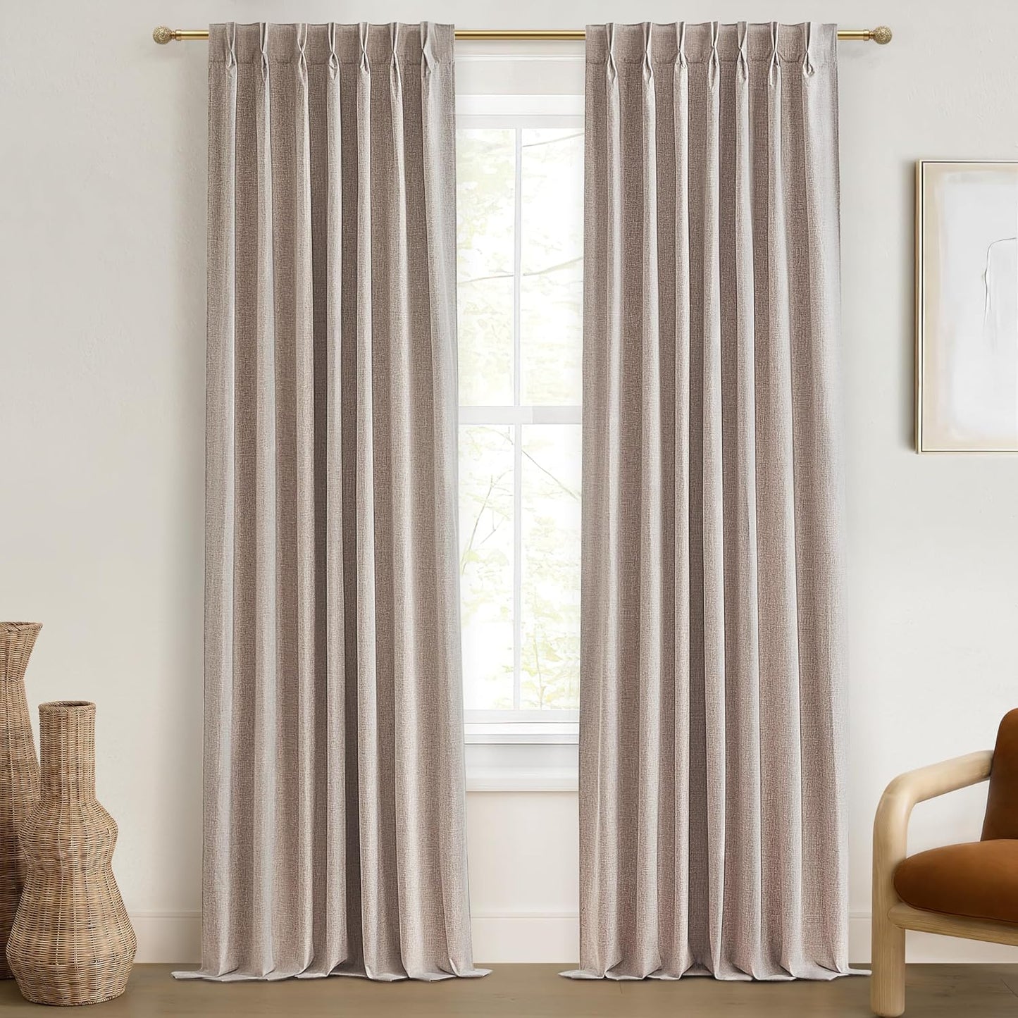 Room Darkening Curtains for Living Room Boho Drop Cloth Curtains Farmhouse Linen Window Drapes 102 Inches Long Weather Blocking Lightweight Blackout Taupe Tan Two Pack Pinch Pleated/Back Tab 2 Panels