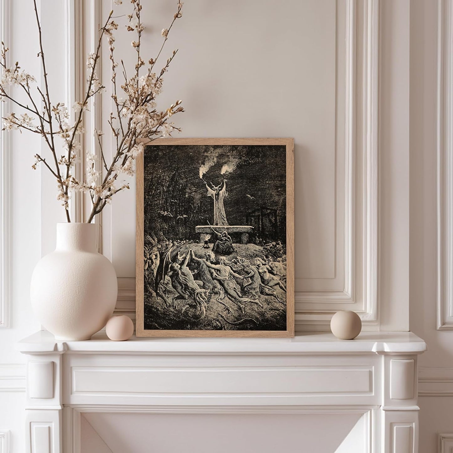 Poster Master Vintage Gustave Dore Poster - Retro Illustration Print - Gift for Gothic, Horror Fan - Dance of Sabbath, Witch, Magic, Spell - Wall Decor for Bedroom, Dorm, 8x10 Beige Framed