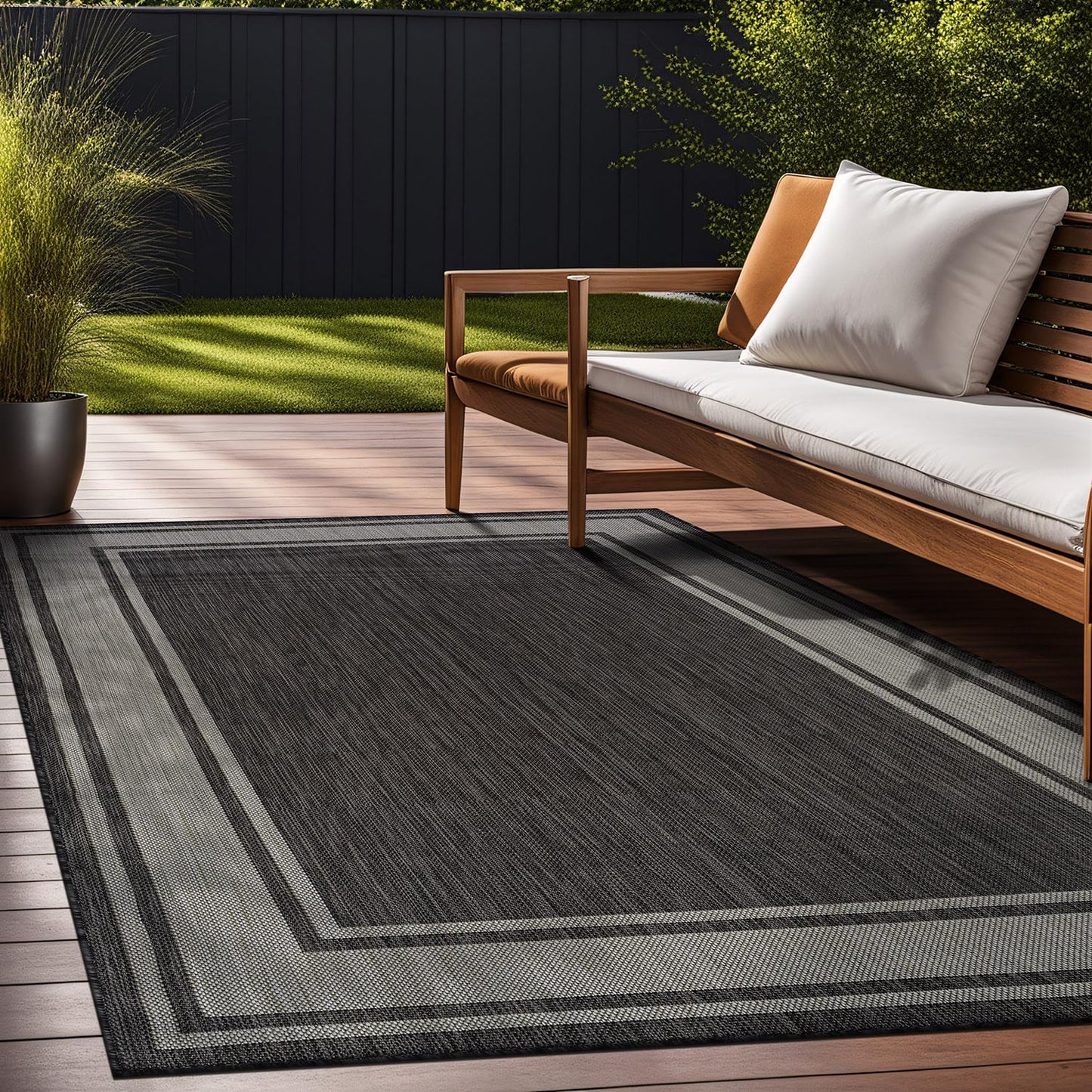 Beverly Rug Outdoor Rug 5x7 Modern Bordered Area Rugs for Indoor and Outdoor Patio Deck Porch Garden Waterproof Weather Sun Resistant Washable Outside Carpet (5 x 7 Dark Gray)