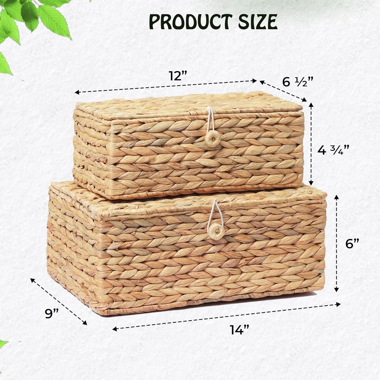 Set of 2 Rectangular Wicker Storage Bins with Lid, Rattan Basket Decorative Boxes, Multipurpose Organizer Display Boxes for Shelf Organizer, Boho Rattan Box for Home Decoration