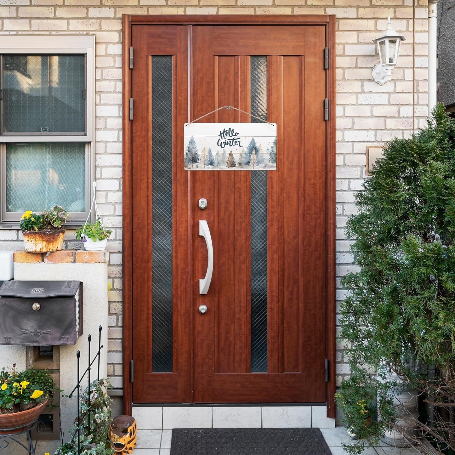 DUXMNAMG Hello Winter Welcome Hanging Wooden Signs 12x6, Pine Tree Decor, Winter Door Decorations, Winter Door Sign, Rustic Winter Christmas Snowflakes Trees Home Room Office Hanging Wall Decor