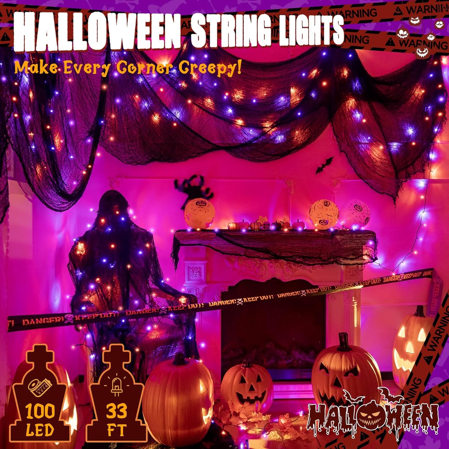 Ollny Halloween Lights Outdoor, 100 LED 33FT Orange and Purple Halloween Decorations with 8 Modes Timer, Plug in String Lights for Indoor Bedroom Home Party Outside