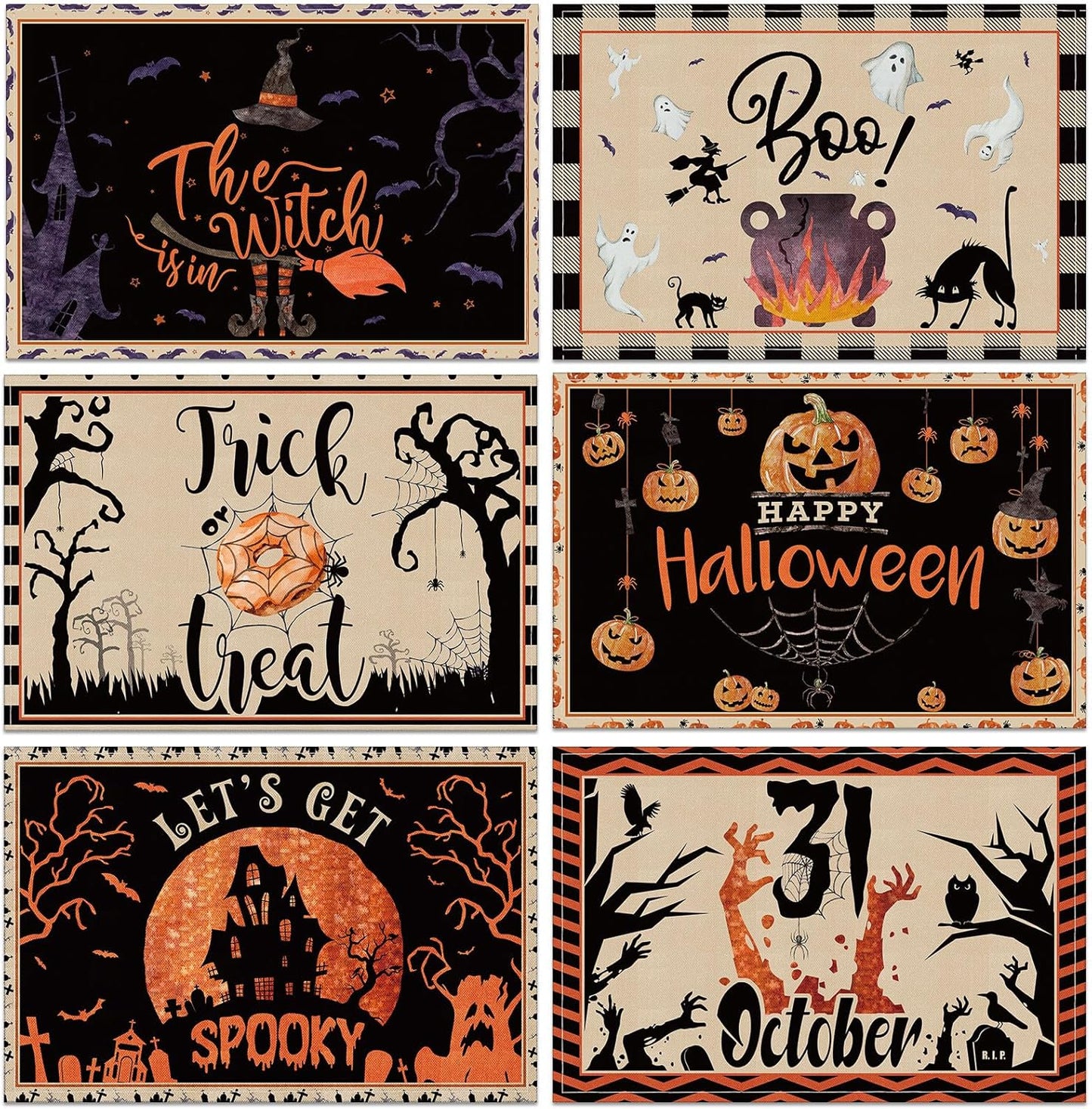 Umigy 6 Pcs Halloween Placemats 12"x18" Gothic Bat Placemats Kitchen Decoration Washable Witch Place Mats Rectangle Skull Table Mats for Halloween Dining Table Accessories(Classic)