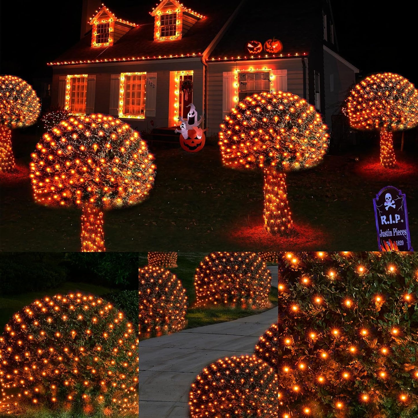 WBao Solar Halloween Lights Outdoor, 200LED 8.4ft x 5.2ft Halloween Net Lights with Remote, 8 Modes, Timer, IP65 Waterproof & Dark Green Wire for Lawn, Bushes, Trees Outdoor Decorations, Orange