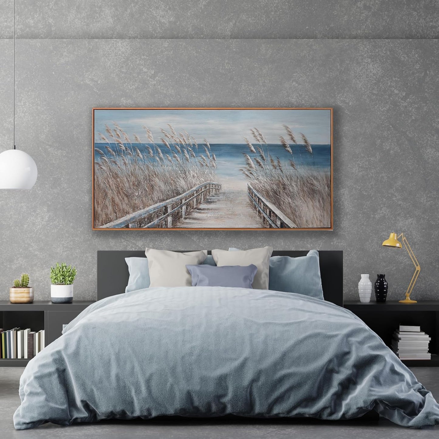 Wall Art Decor Wall Canvas Painting Reed And Blue Coast Landscape Decor Framed For Living Room Bedroom Dining Room Home Office Modern Abstract Artwork Home Decoration 24"x48"