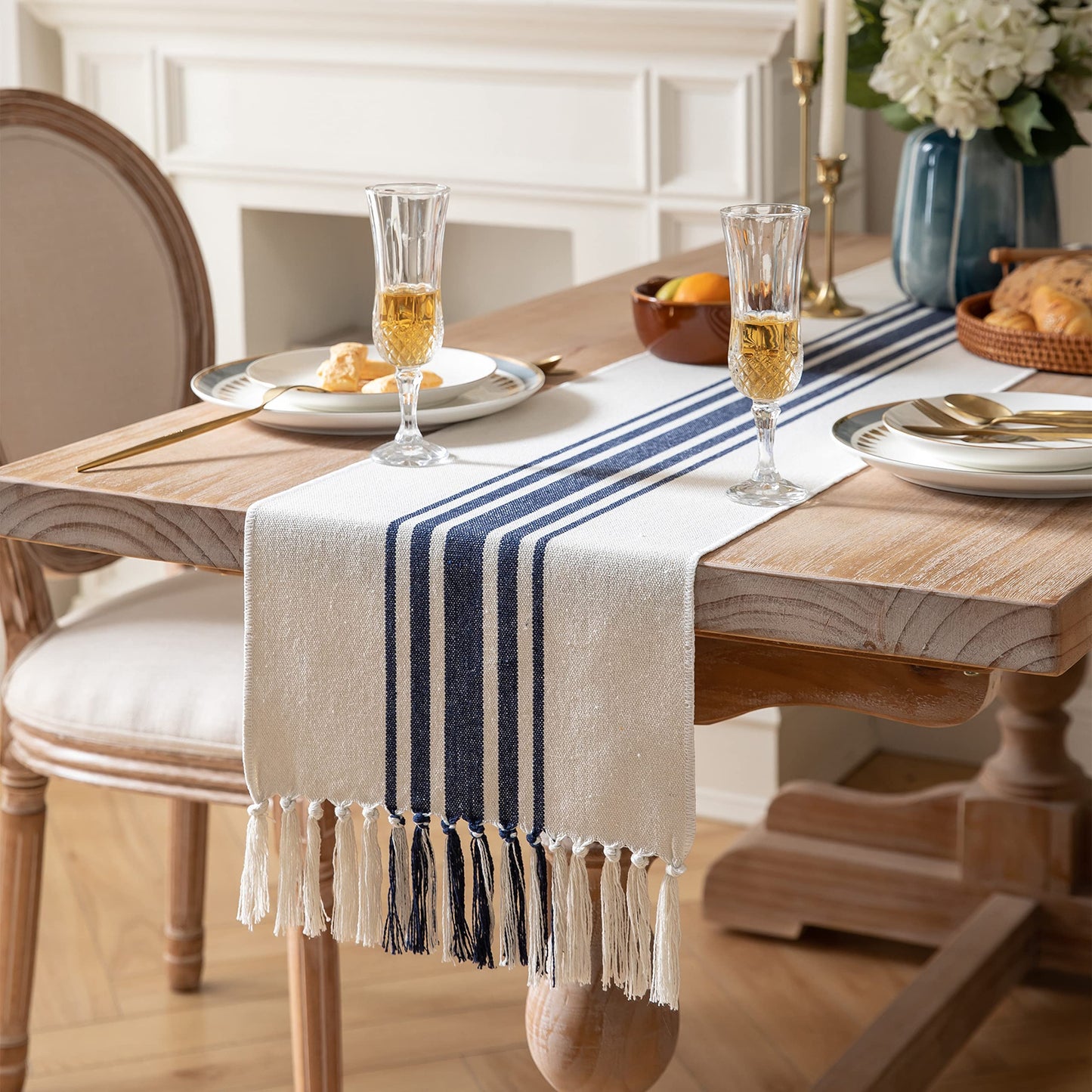 Boho Farmhouse Navy Blue & Beige Table Runner – Handcrafted Tassels, Modern Home Decor for Dining Table – Available in 4 Sizes!
