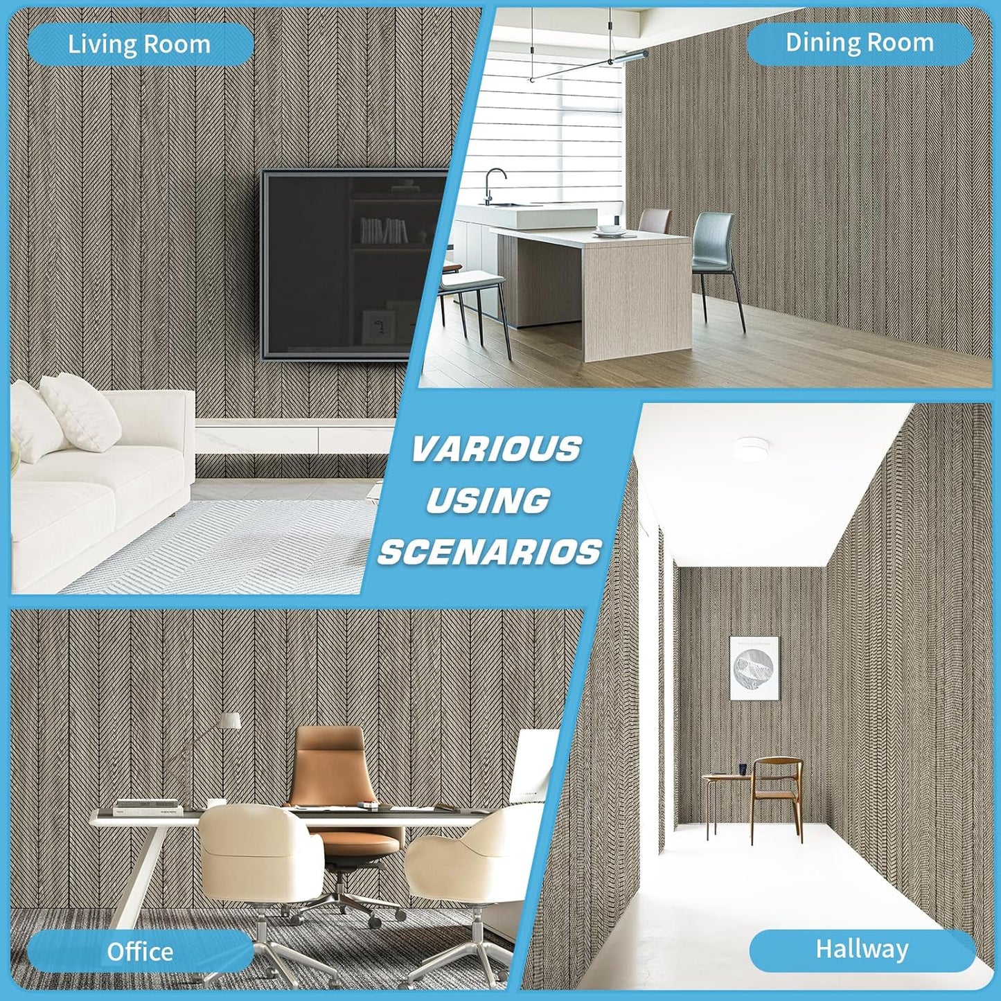 Art3d 4-Pack Glue-On Herringbone Wainscoting Panel for Interior Wall Decor - 104 x 12 Inch Polystyrene Ultralight Slim Slat Wall Panels for Living Room Bedroom, Ashtree