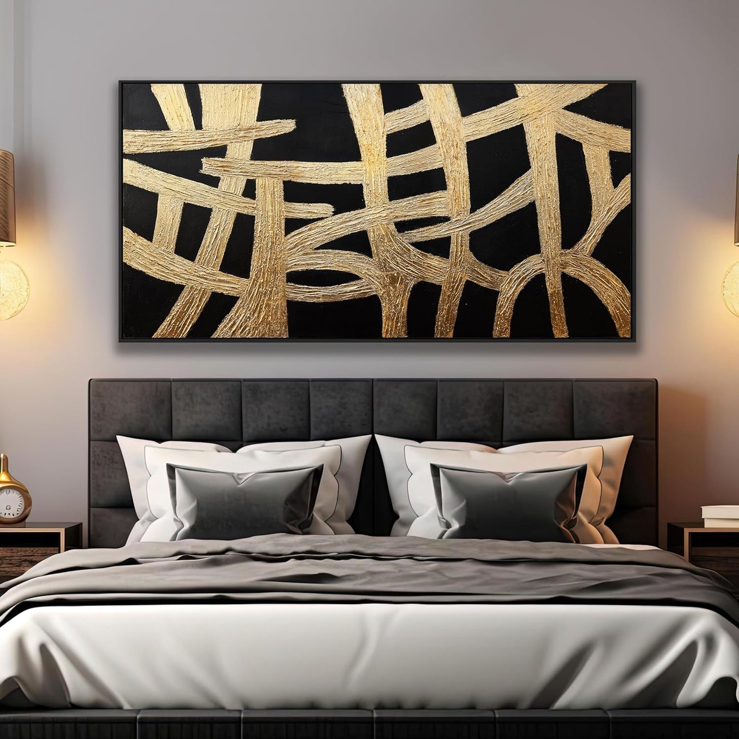 Abstract Canvas Wall Art Modern Artwork Canvas Prints Framed Canvas Picture Contemporary Wall Art Black And Gold Lines Texture Artwork Bedroom Living Room Office Decoration Ready To Hang 24x48