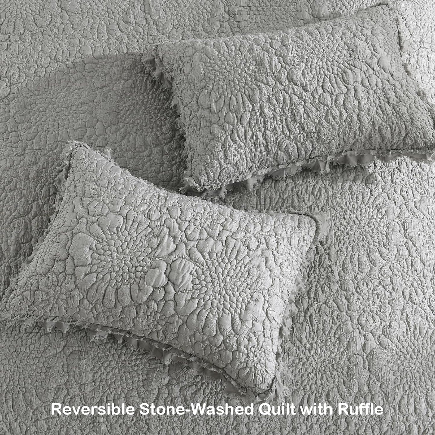 HORIMOTE HOME Dark Grey Ruffled Quilt Twin Size, Stone-Washed Microfiber Lightweight Crinkled Farmhouse Rustic Shabby Chic Bedding Set, 2 Pieces Reversible Bedspread with Pillow Sham for All Season