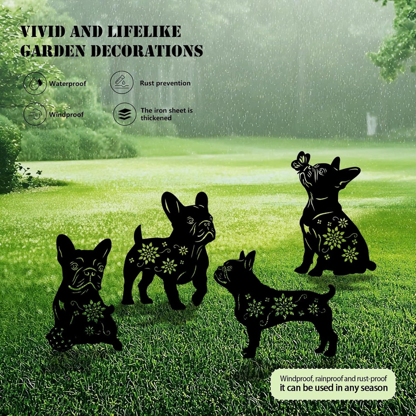 4 Pack Bulldog Metal Garden Decorative Stakes, Weather Proof Puppy Silhouette Statues for Yard, Patio,Outdoor Decor for Bulldog Lovers and Pet Owners