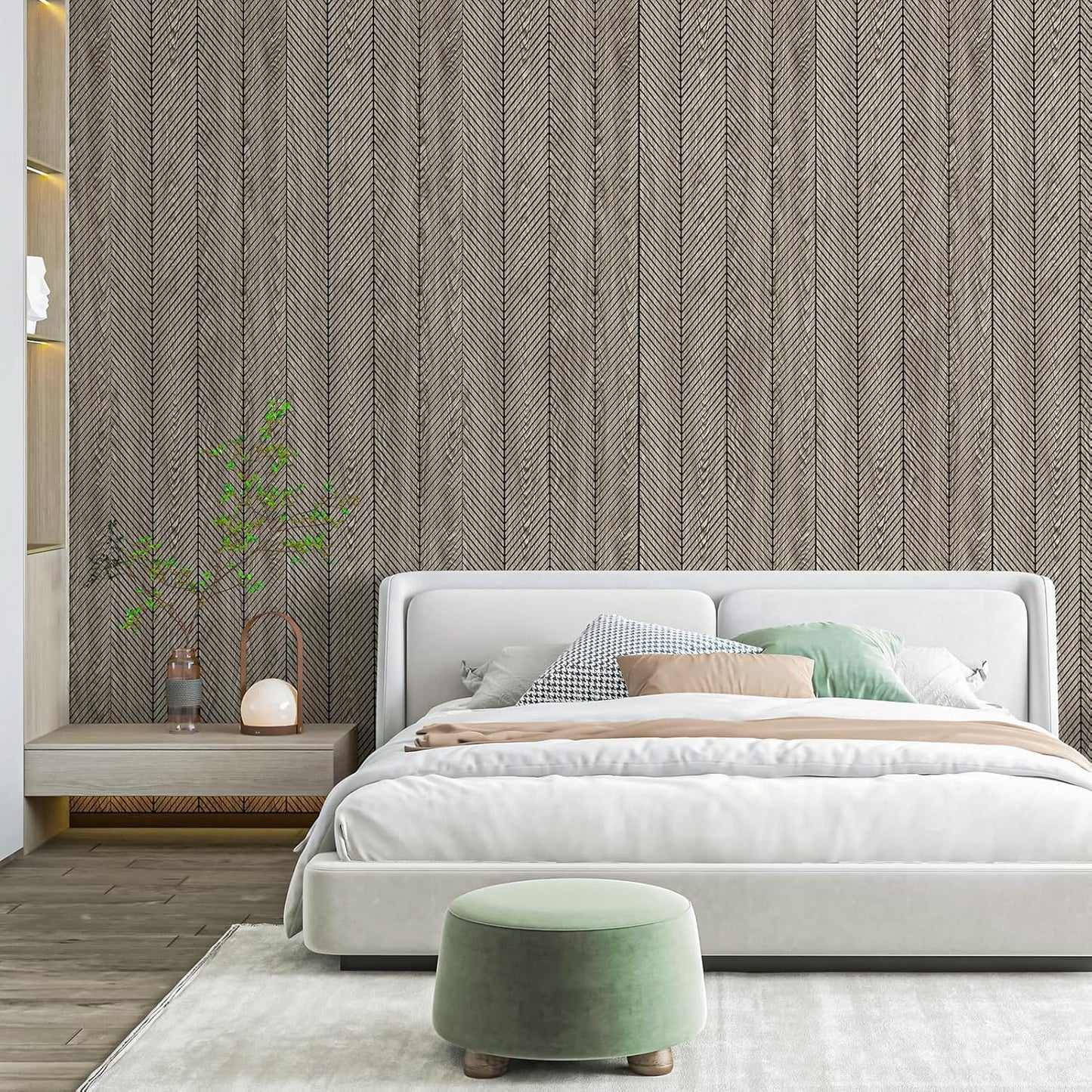 Art3d 4-Pack Glue-On Herringbone Wainscoting Panel for Interior Wall Decor - 104 x 12 Inch Polystyrene Ultralight Slim Slat Wall Panels for Living Room Bedroom, Ashtree