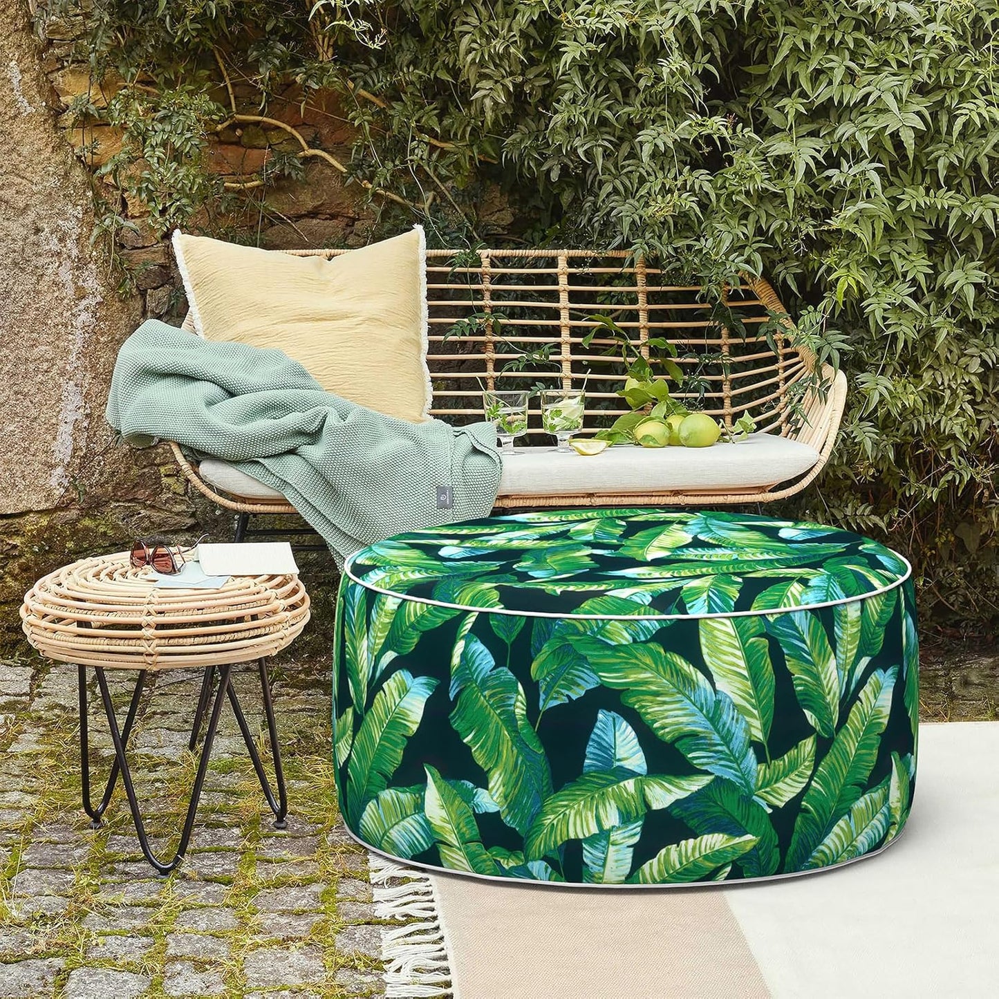 LVTXIII Inflatable Stool Ottoman Footrest with Handle, All Weather Footrest Seat, Indoor or Outdoor Pouf for Home Patio Garden and Camping Use, D31 xH14, Large Round, Hanalei Lagoon