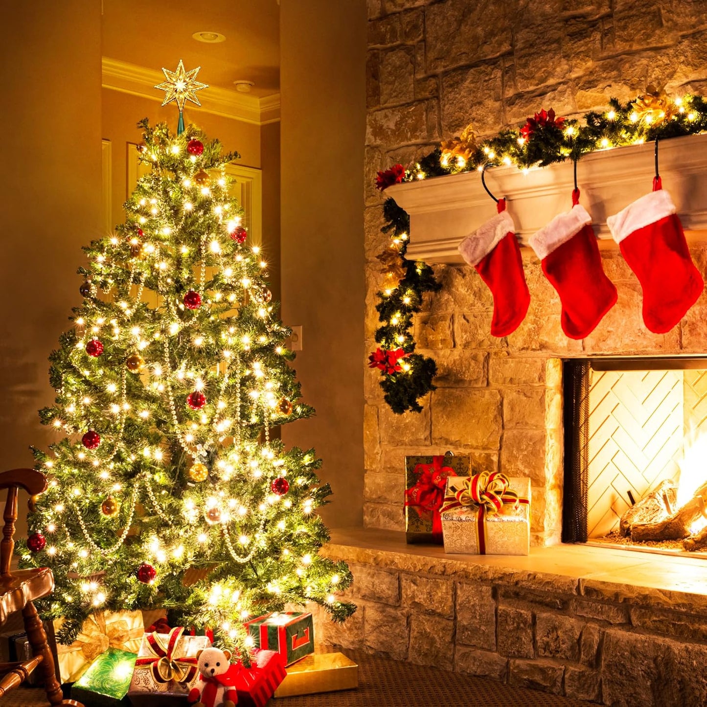 ODEETRONIC Christmas Star Tree Topper, 8 in 120V UL Certified Double Sided 8-Point Star Christmas Treetop Lights, Indoor Lighted Xmas Treetop for Bedroom Home Party Wedding Decor, Gold, Warm White