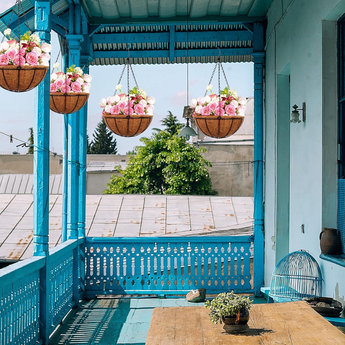 Hanging Planters Basket Outdoor Indoor(14 inch 4 Pack)-Coconut Coir Hanging Baskets for Plants Outdoor,Metal Wire Baskets with Coco Liner Window Box Planters, hanging Flower Pots For Railings…