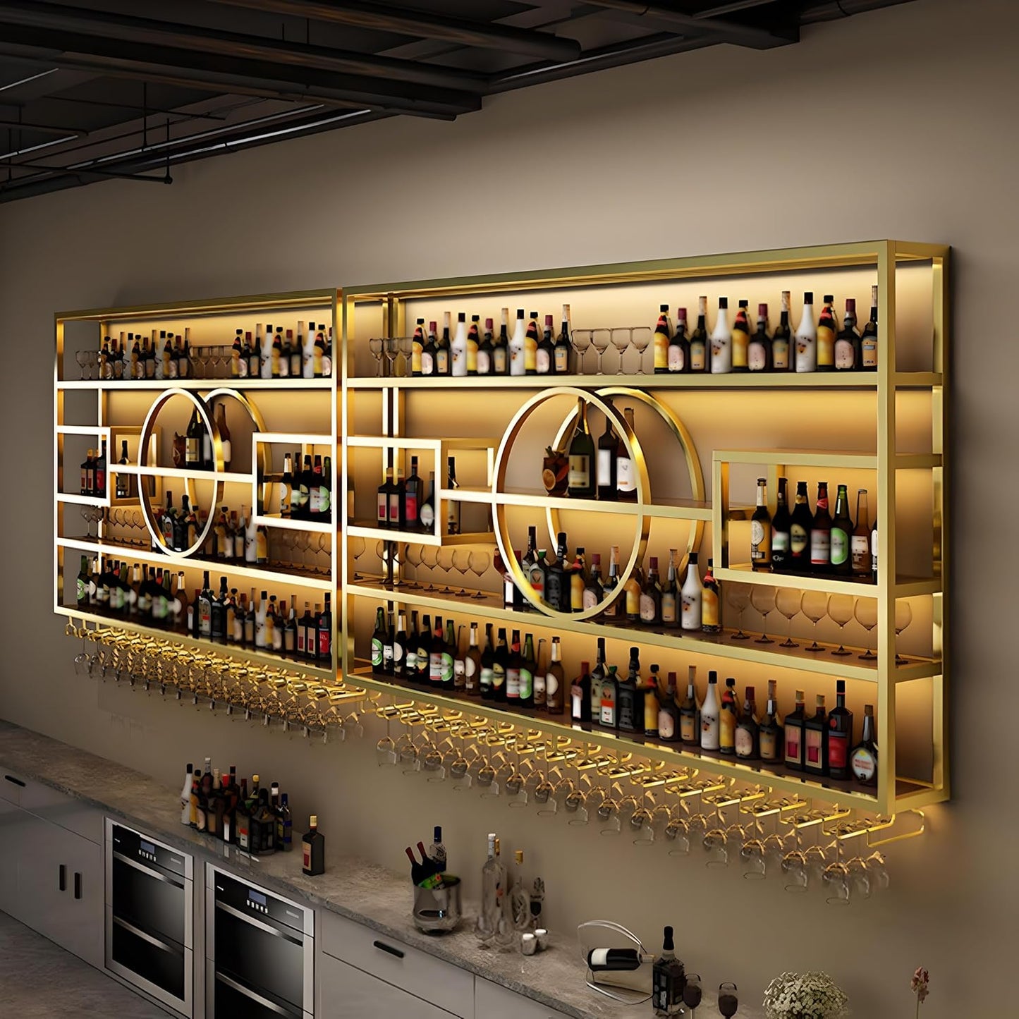 47.2in Wall Mounted Wine Rack, Modern Metal Wine Bottle and Glass Holder, Iron Display Stand Decorative Wine Rack, for Bar Living Room Dining Room Background (Gold, 47.2 * 8 * 51INCHES)