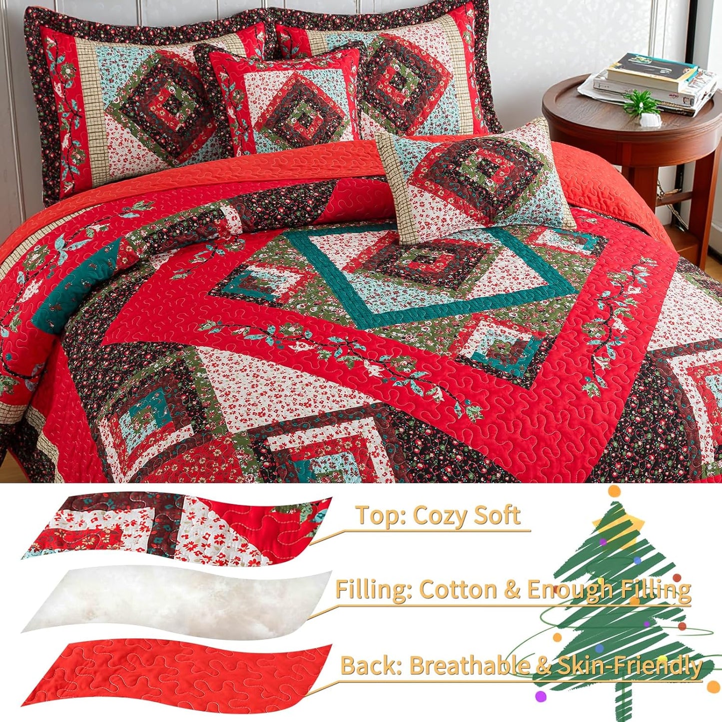 VAPUTAR Cotton King Quilt - Christmas King Size Quilt Bedding Set - Lightweight Farmhouse Bedspread with 2 Pillow Shams, 98x106 Inch All-Season Coverlet