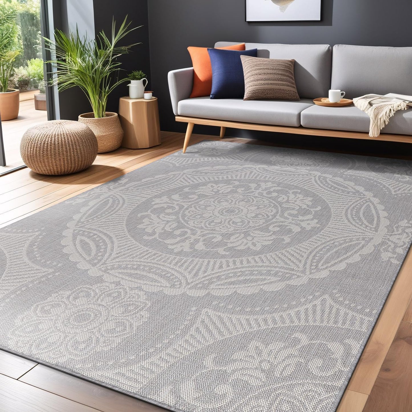 Medallion Outdoor Rug 10x14 Washable Outside Carpet for Indoor Patio Porch Waterproof Easy Cleaning Non Shedding Area Rugs Gray 10 x 14