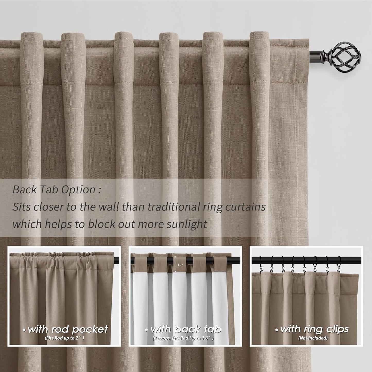 BOODII Room Darkening Curtains Light Brown Black Out Curtains 96 Inches Long 2 Panel Set Back Tab Neutral Linen Curtain for Sliding Door Modern Farmhouse Living Room Blackout Drapes Soundproof 52x96