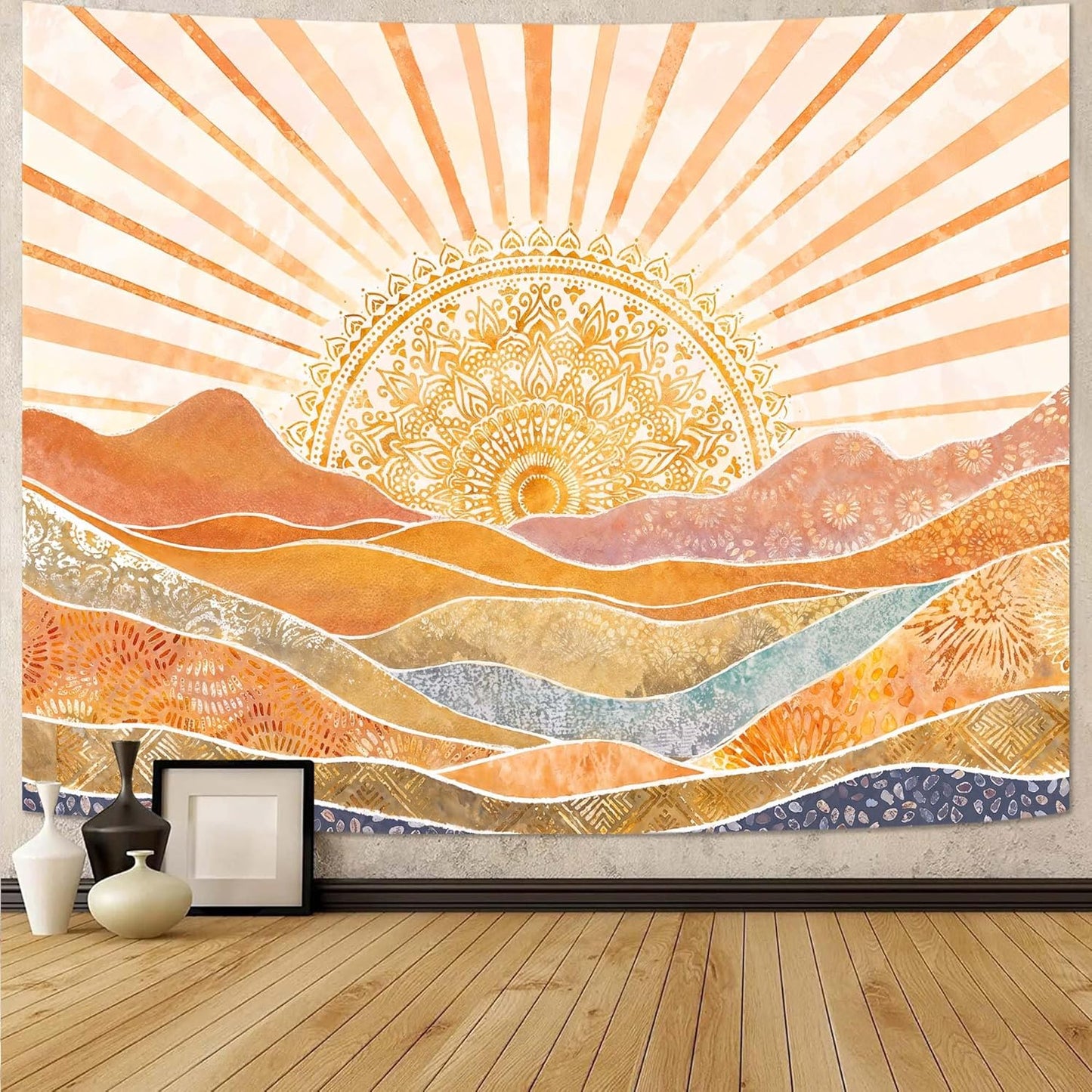 Lunerfex Bohemian Mandala Sunrise Wall Tapestry, Abstract Mountain Scenery Tapestries for Home Decor, Boho Tapestry 80x60 Inch