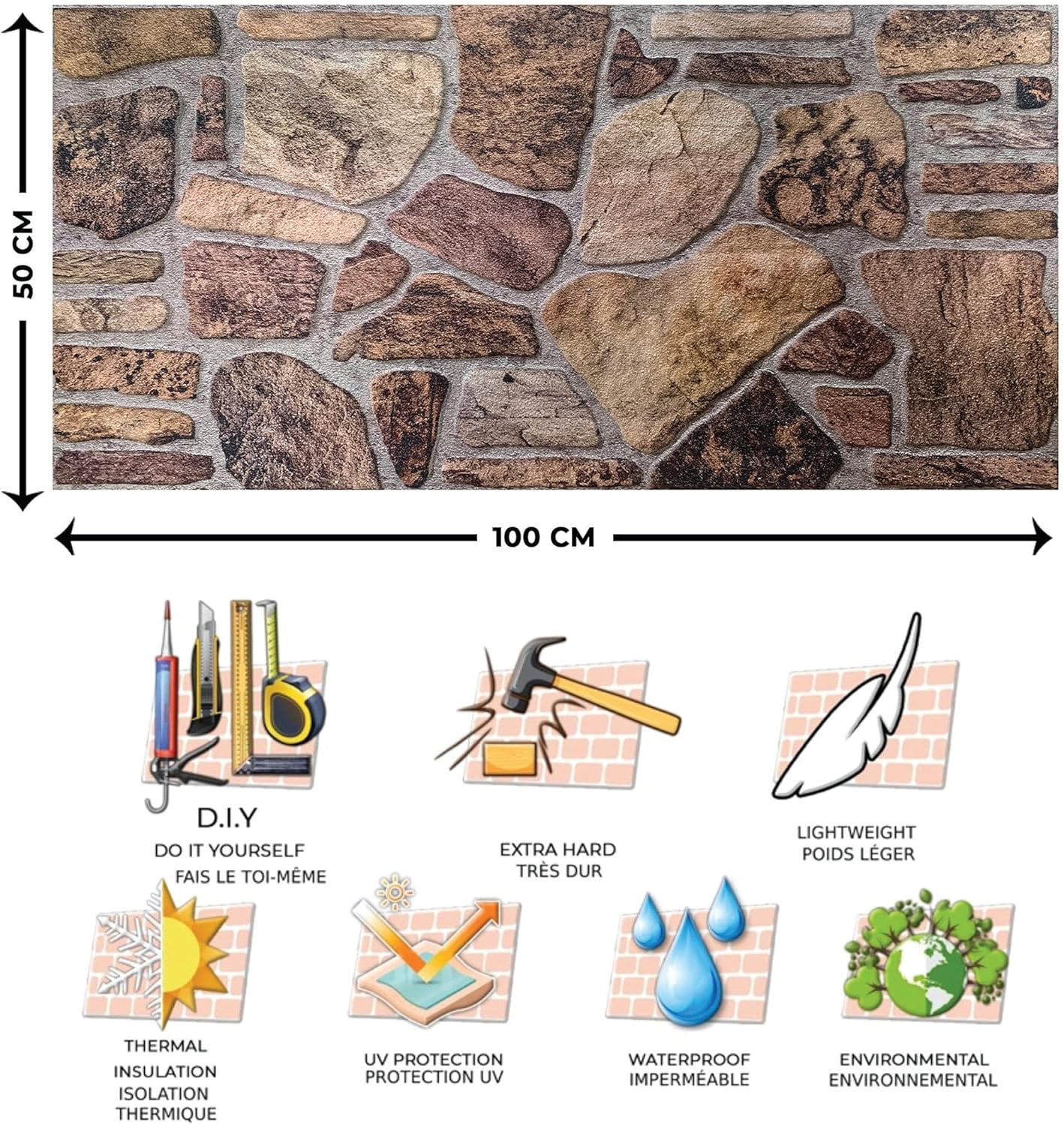 Dundee Deco 3D Wall Panels - Cladding Shades of Brown Grey Stone Look Wall Paneling, Styrofoam Facing for Interior and Exterior Applications, DIY, Sample, Size 10 x 10 in.