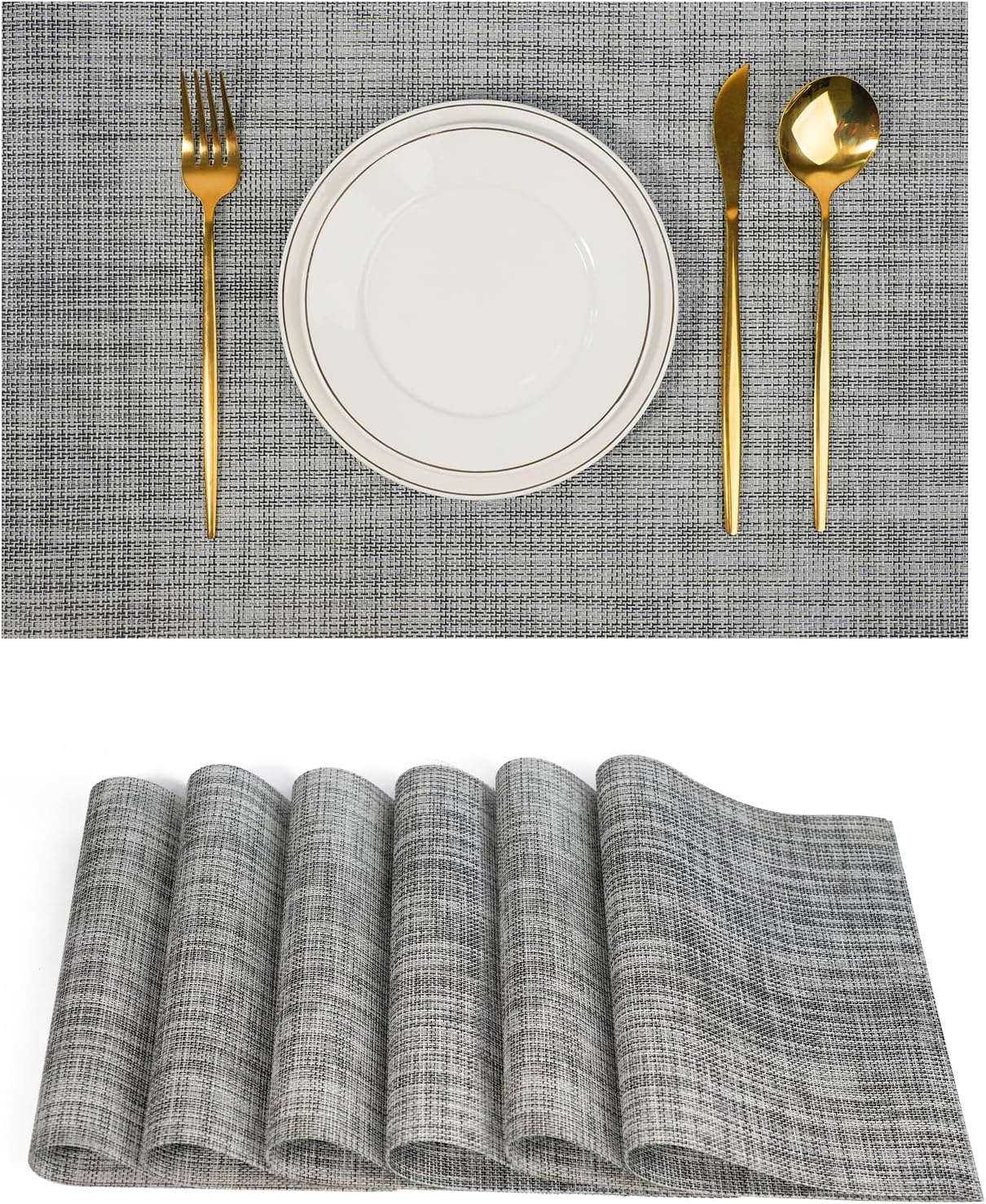 Placemats Set of 6，Non-Slip PVC Weave Table Mats Easy to Clean，Heat Resistant Place Mats for Kitchen Dining Table Decoration Indoor Outdoor，Gray