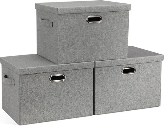 Large 17" 36 Quart Collapsible Stackable Storage Bins with Lids, 3 Packs Grey Linen Fabric Closet Boxes with Lids, Storage Cube Baskets Container Organizers for Bedroom Office(17 x12 x11)
